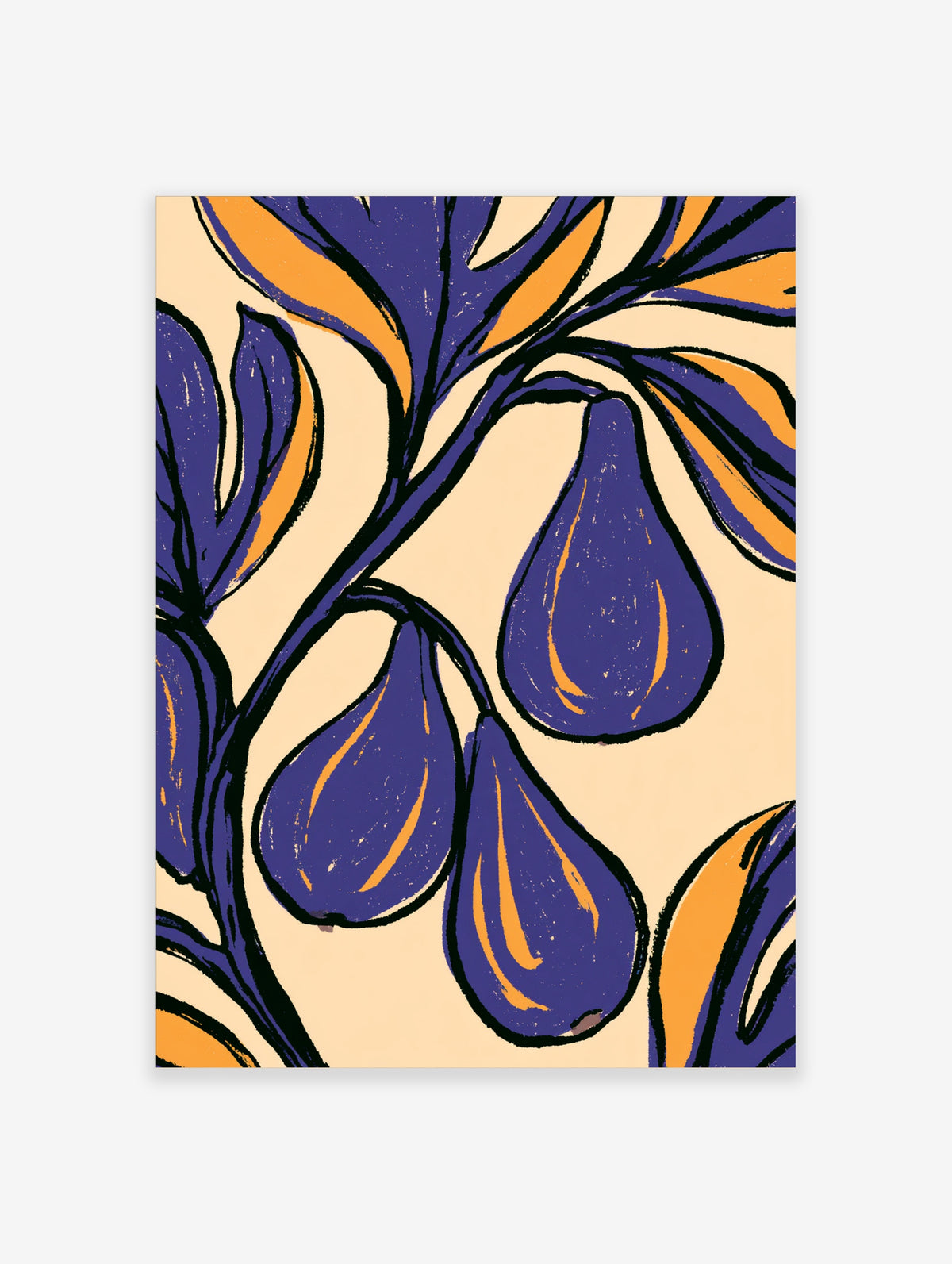 Purple fig wall art print with bold black outlines and orange highlights on cream background