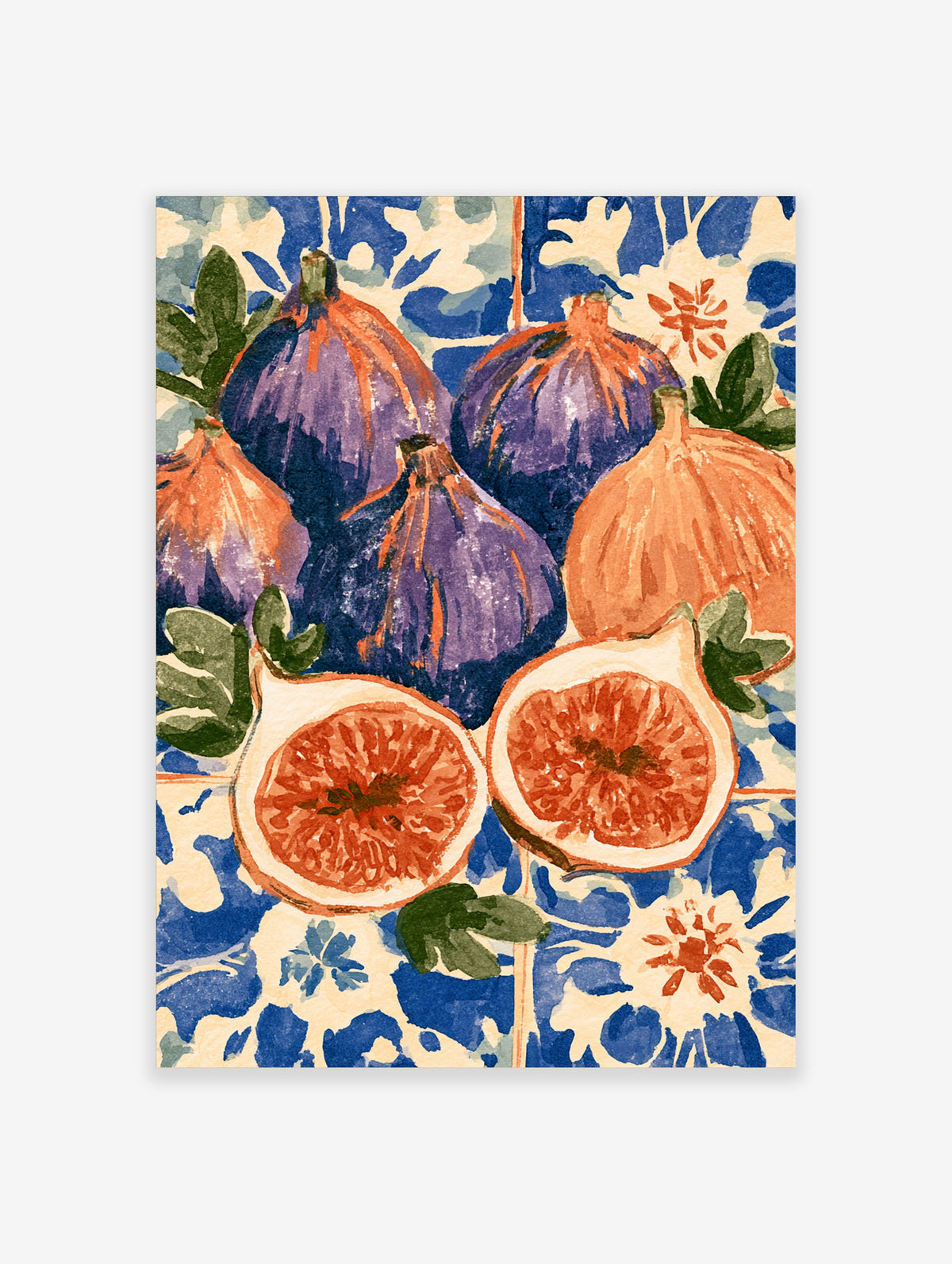 Purple and orange figs with halved fruit on blue floral tile background art print