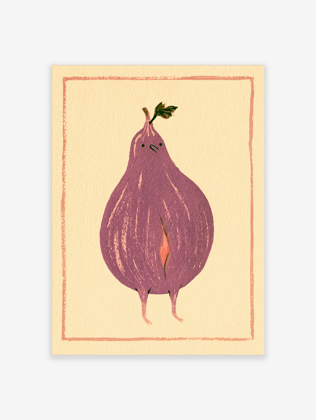 Purple fig character with green leaf, dot eyes and thin legs on cream background art print