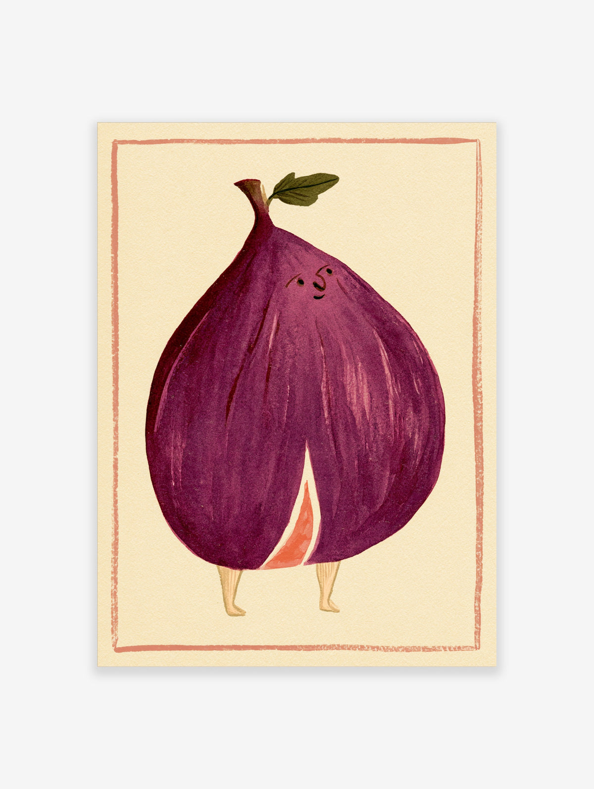 Surreal purple fig illustration with a smiling face and walking legs on a cream background