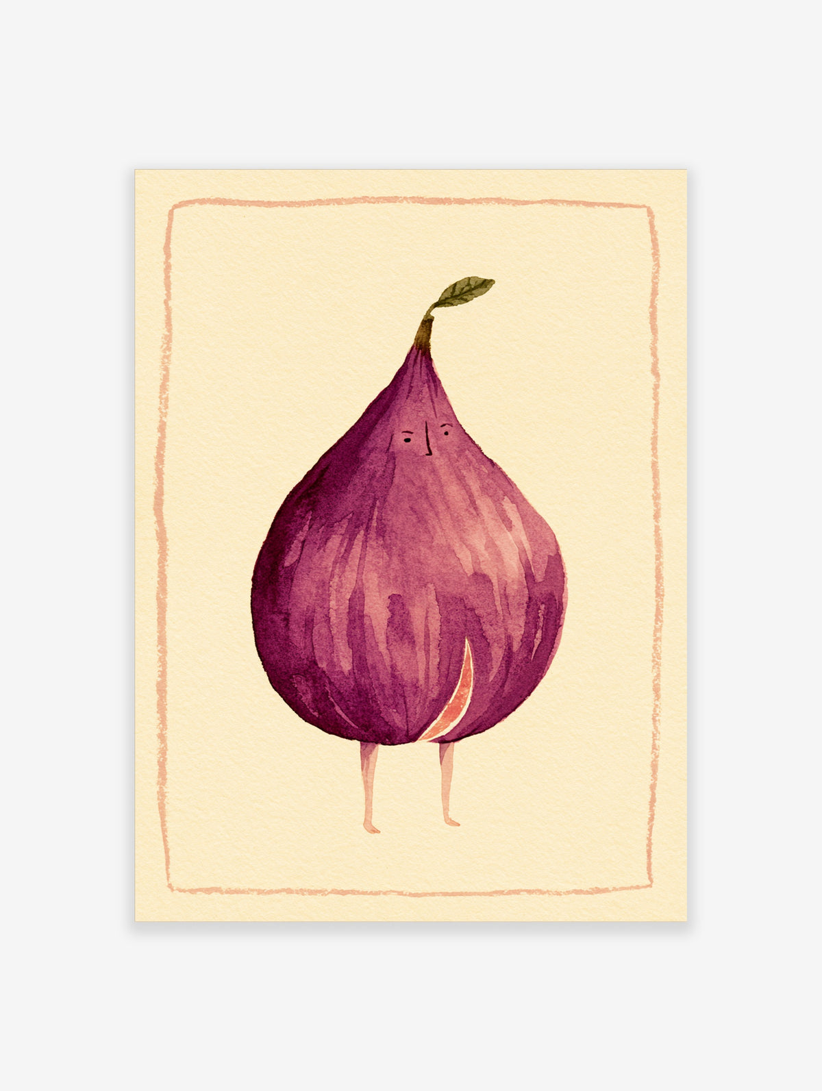 Purple fig character with face and legs on cream background art print