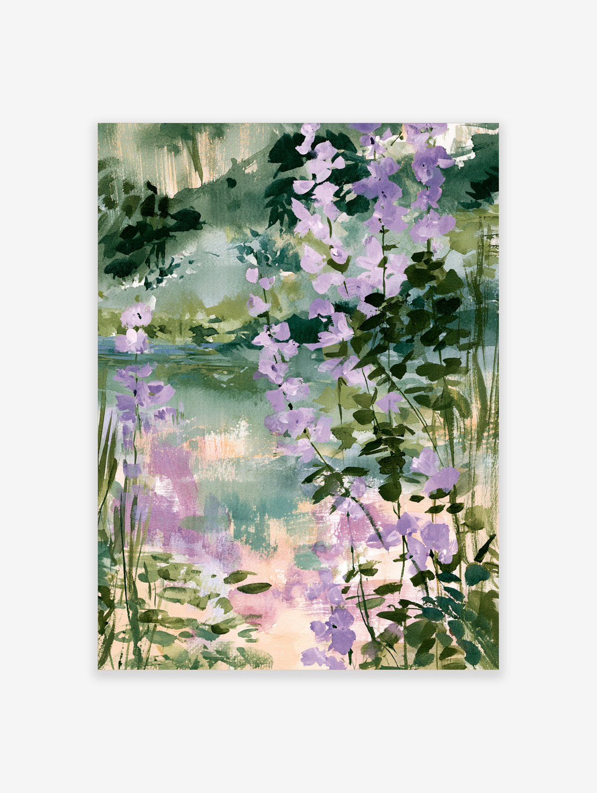Purple watercolour flowers with green leaves on a soft sage and blush background art print