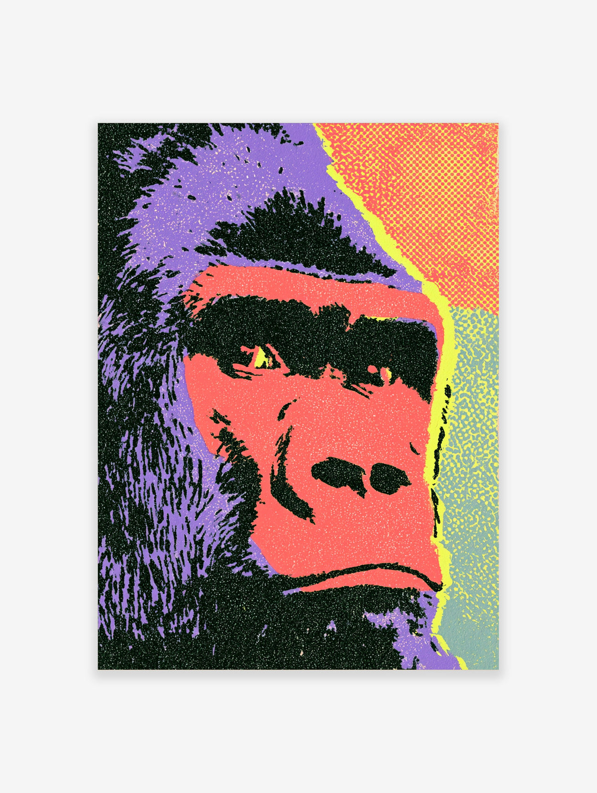 Purple gorilla pop art print with red face and yellow halftone background
