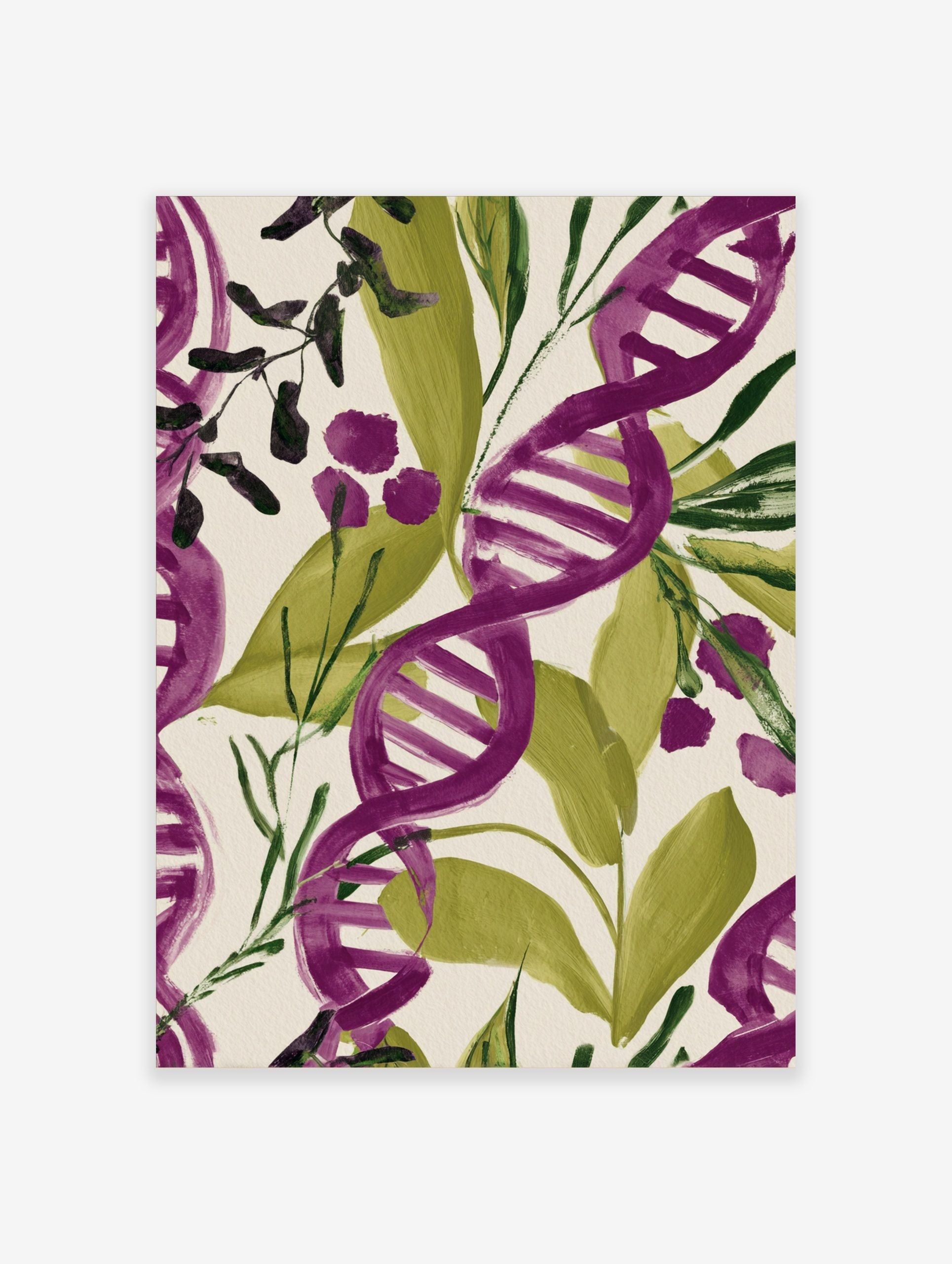 Purple and green DNA helix botanical pattern wall art print on an off-white background
