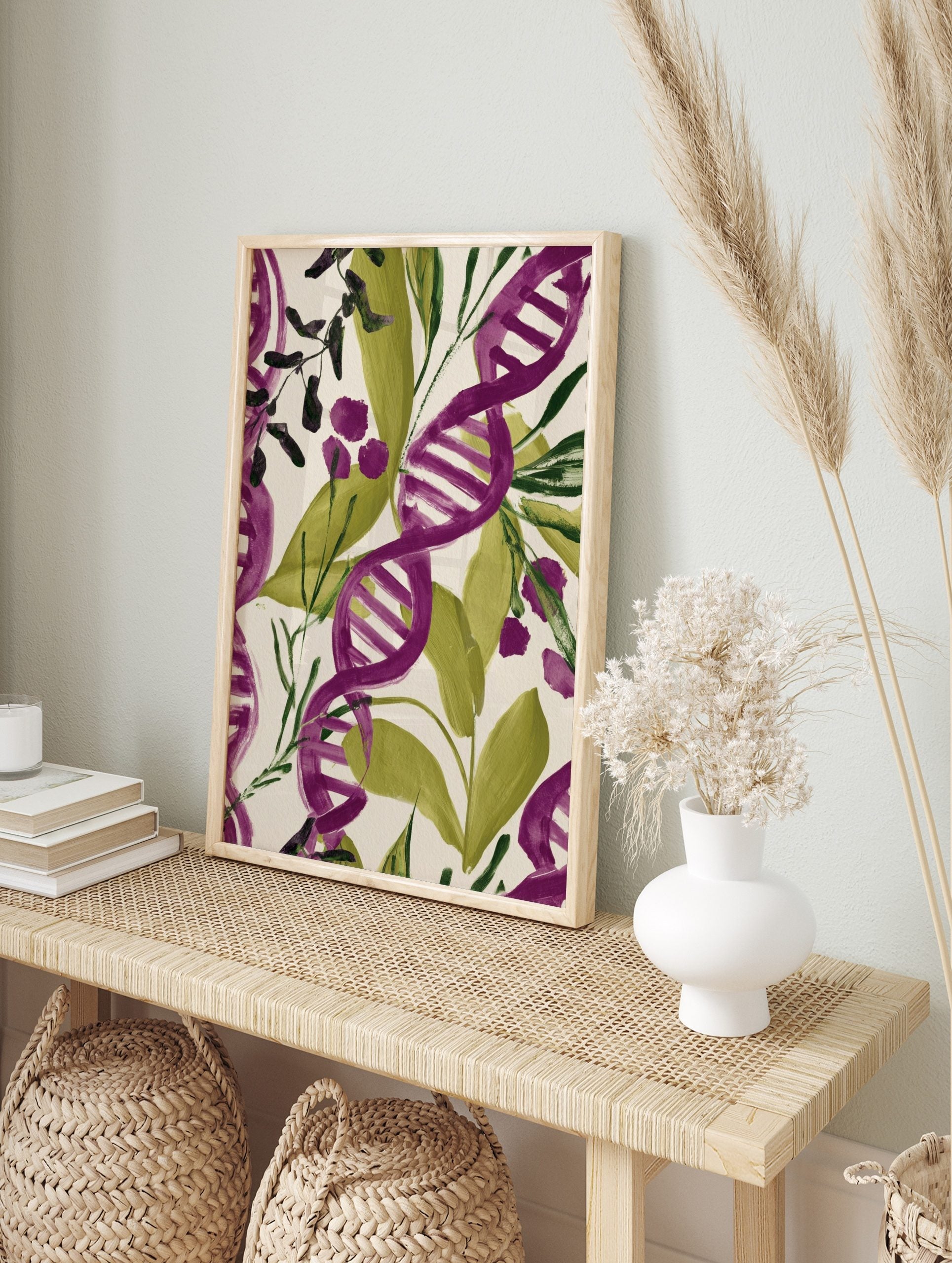 Purple and green DNA helix botanical pattern wall art print on an off-white background, in an alternate framed mockup