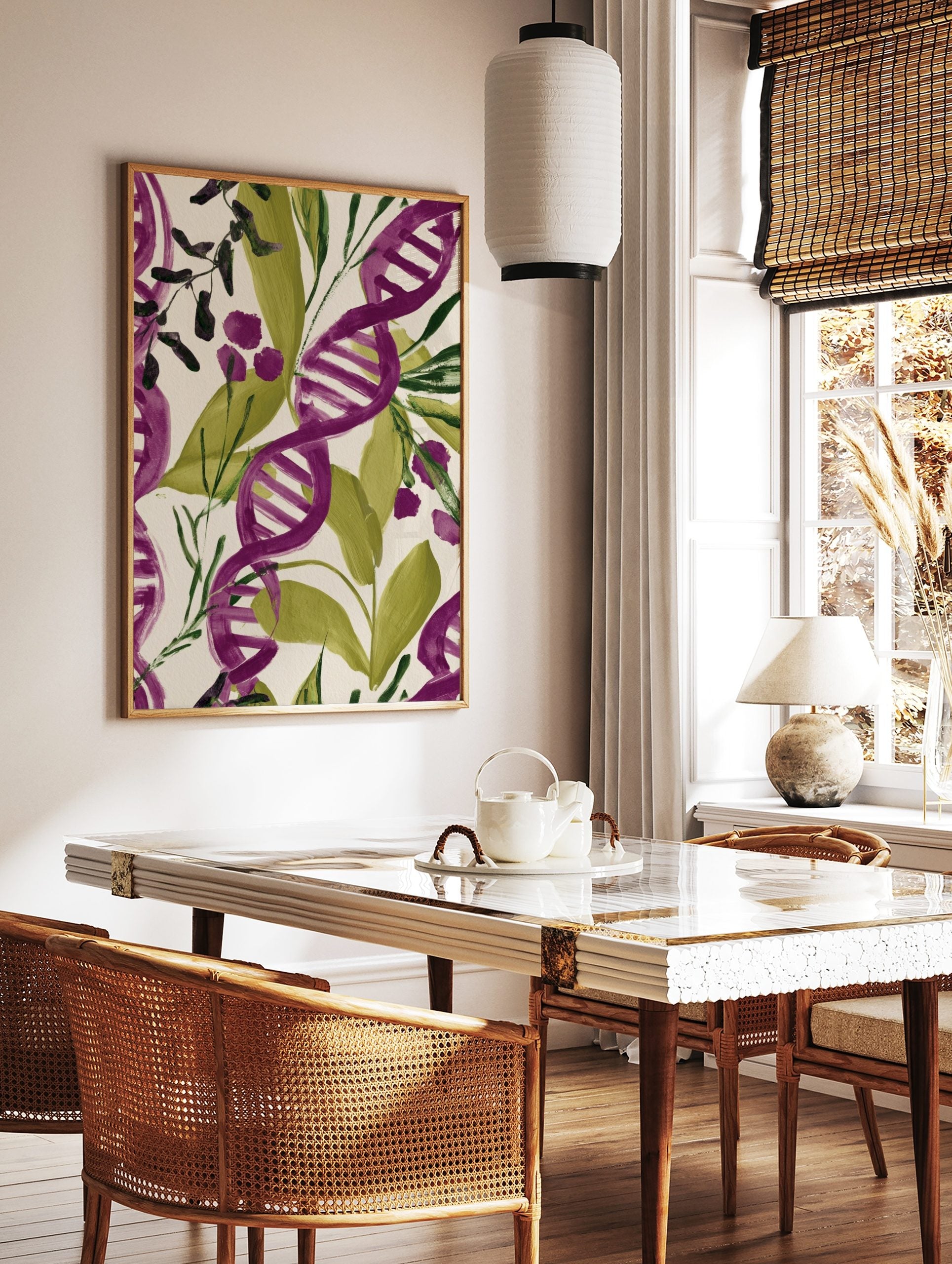 Purple and green DNA helix botanical pattern wall art print on an off-white background, in a styled room mockup