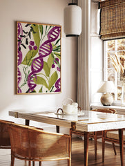 Purple and green DNA helix botanical pattern wall art print on an off-white background, in a styled room mockup