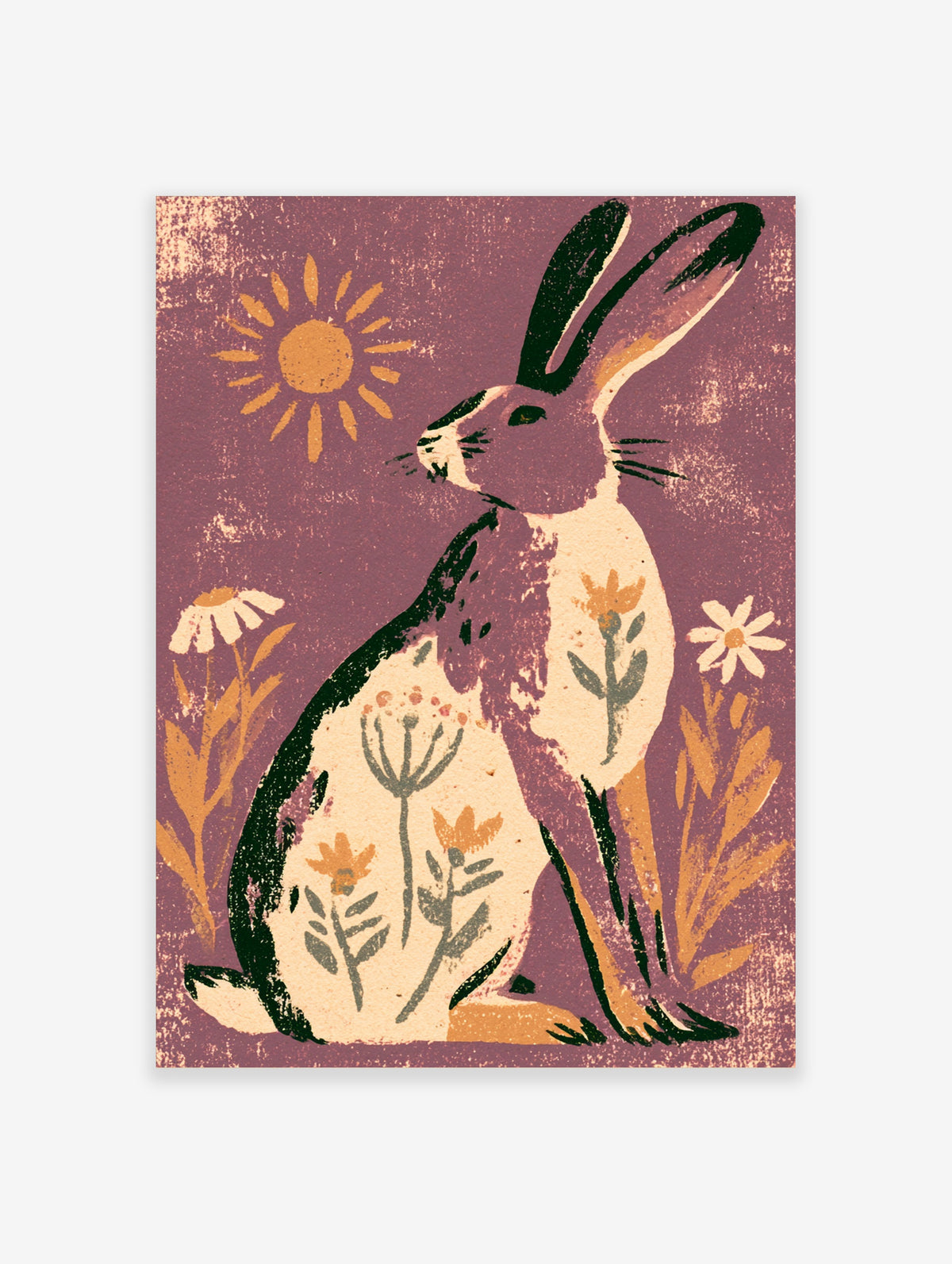 Purple hare art print with folk floral motifs, cream daisies, and a stylised sun on a mauve background