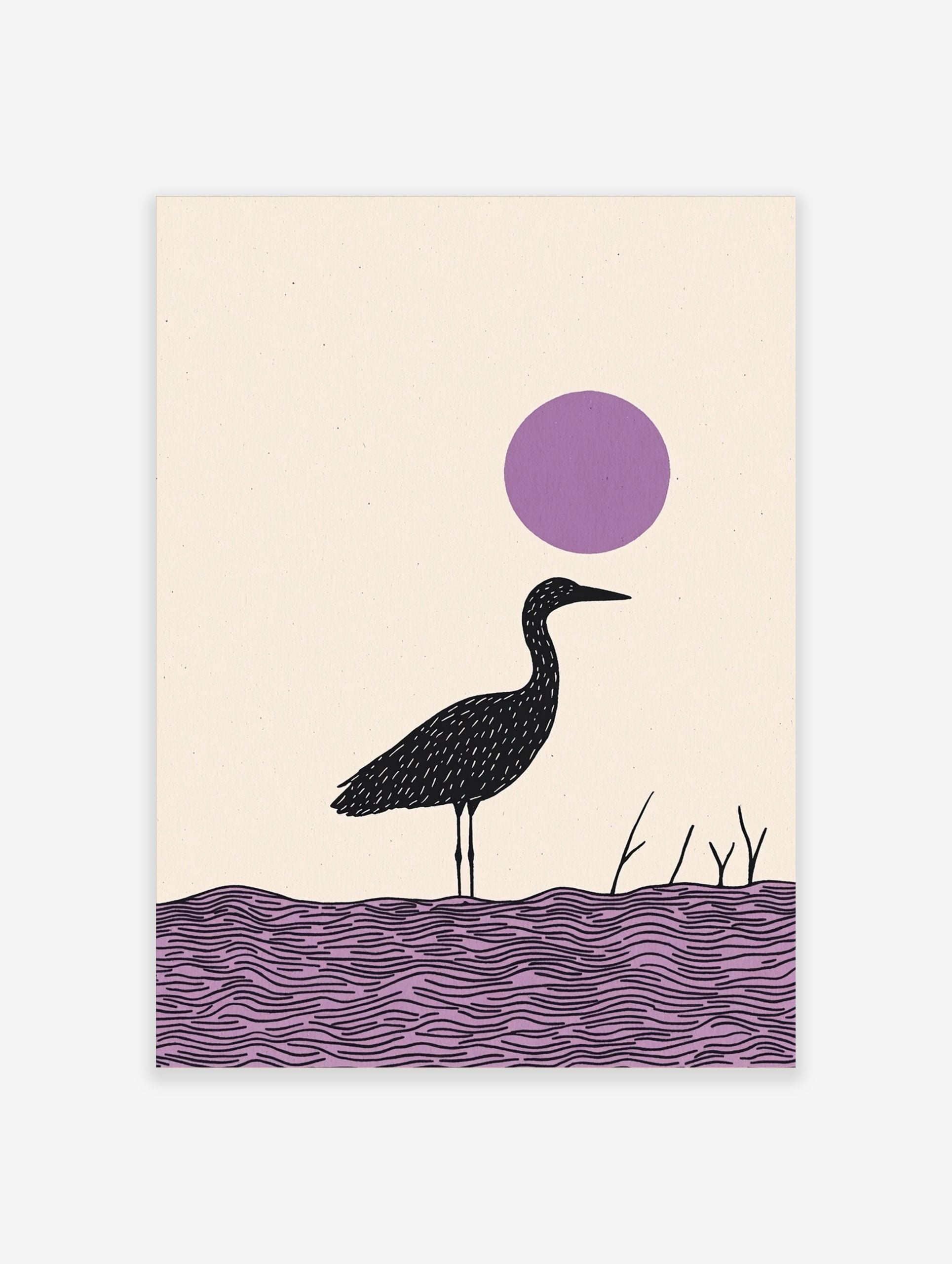 Minimalist black heron bird illustration standing in purple water with a large purple circle in the sky