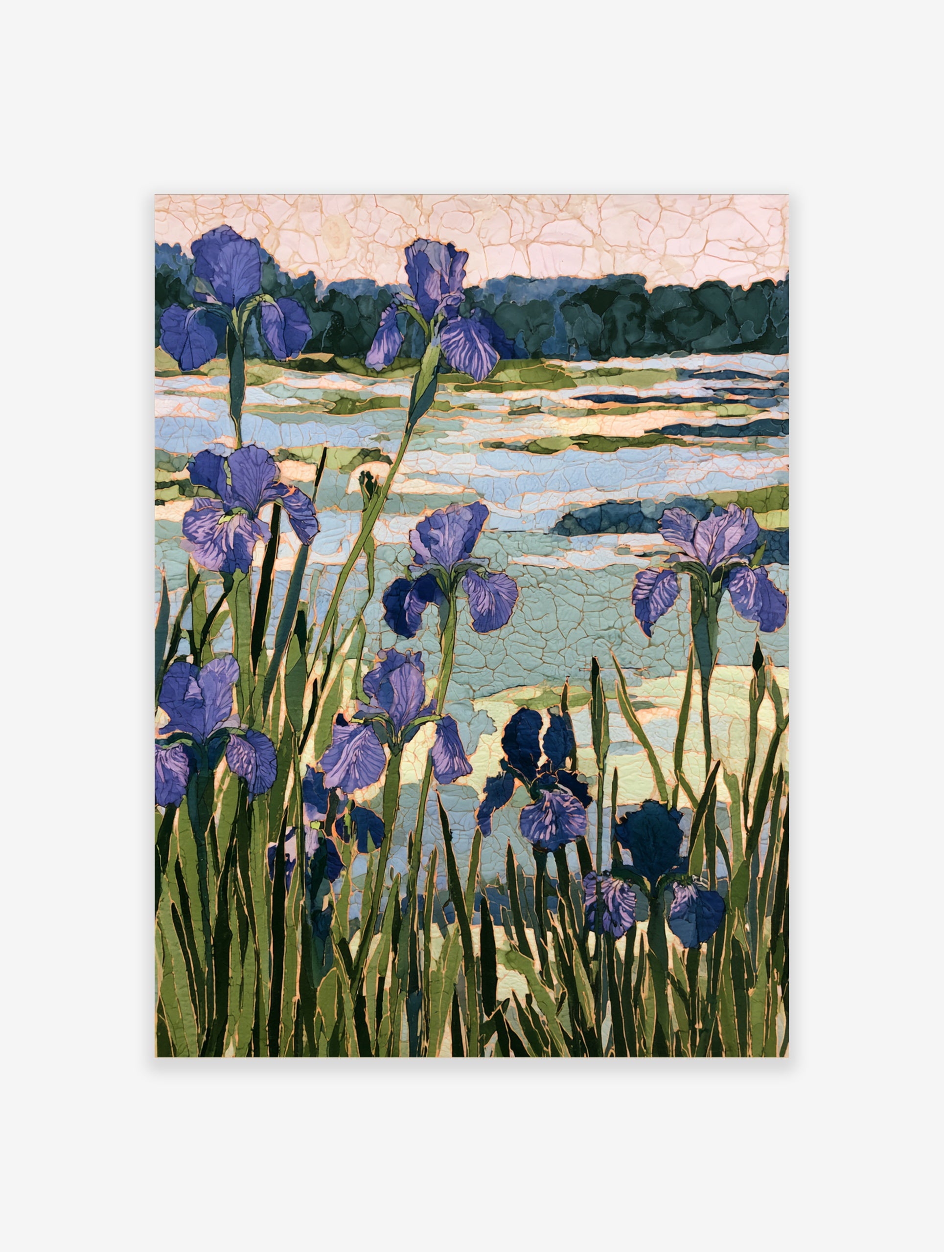 Purple iris flower botanical art print with mosaic-style textured lake background and green stems