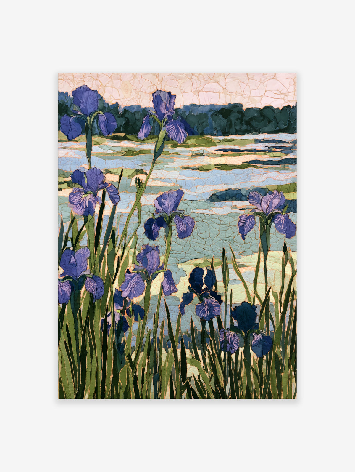 Purple iris flower botanical art print with mosaic-style textured lake background and green stems
