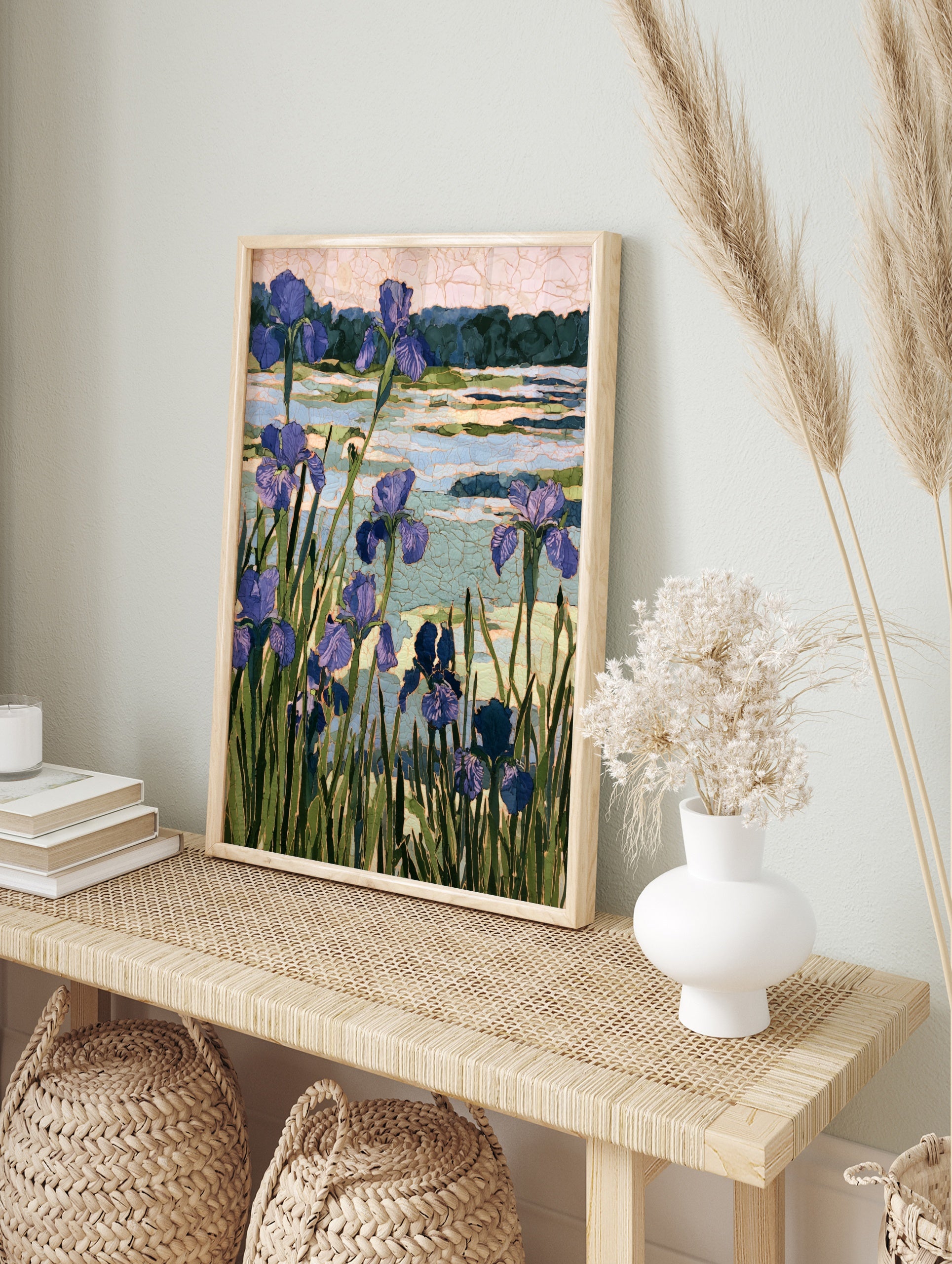Purple iris flower botanical art print with mosaic-style textured lake background and green, in an alternate framed mockup