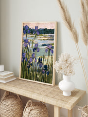 Purple iris flower botanical art print with mosaic-style textured lake background and green, in an alternate framed mockup