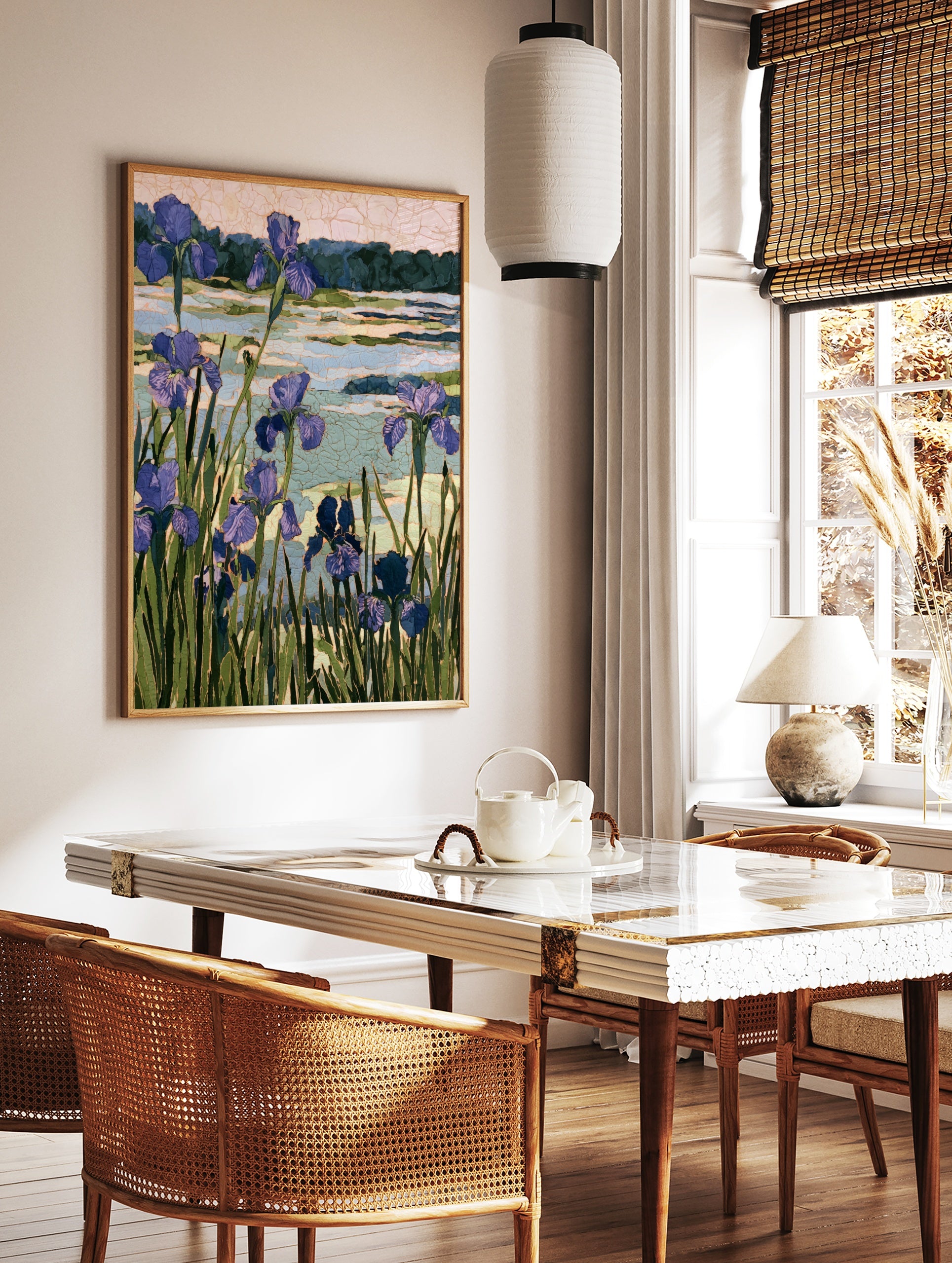 Purple iris flower botanical art print with mosaic-style textured lake background and green stems, in a styled room mockup