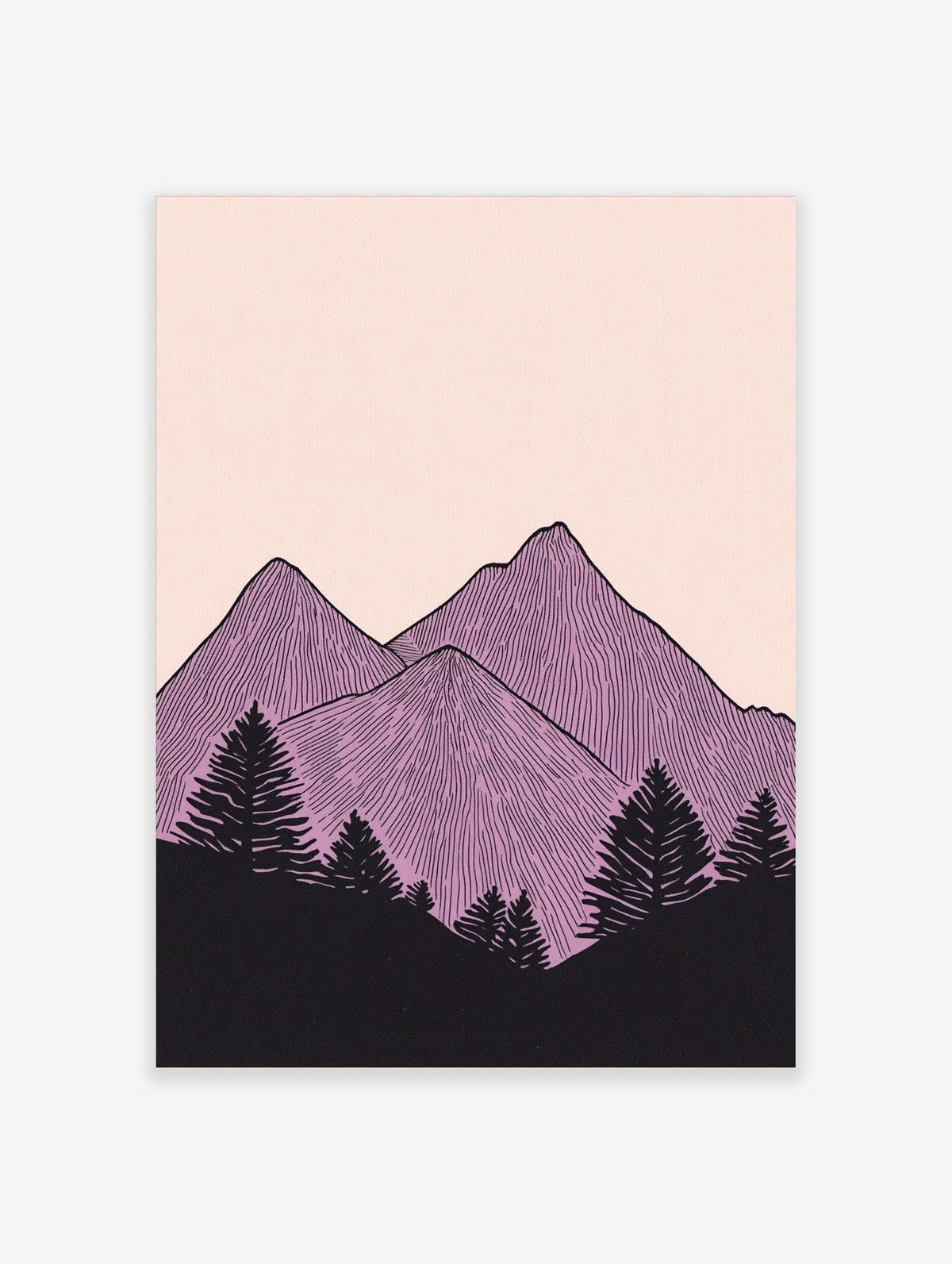 Illustrative purple mountain peaks with vertical lines and black pine trees on a pale pink background