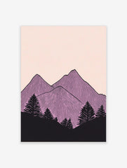 Illustrative purple mountain peaks with vertical lines and black pine trees on a pale pink background