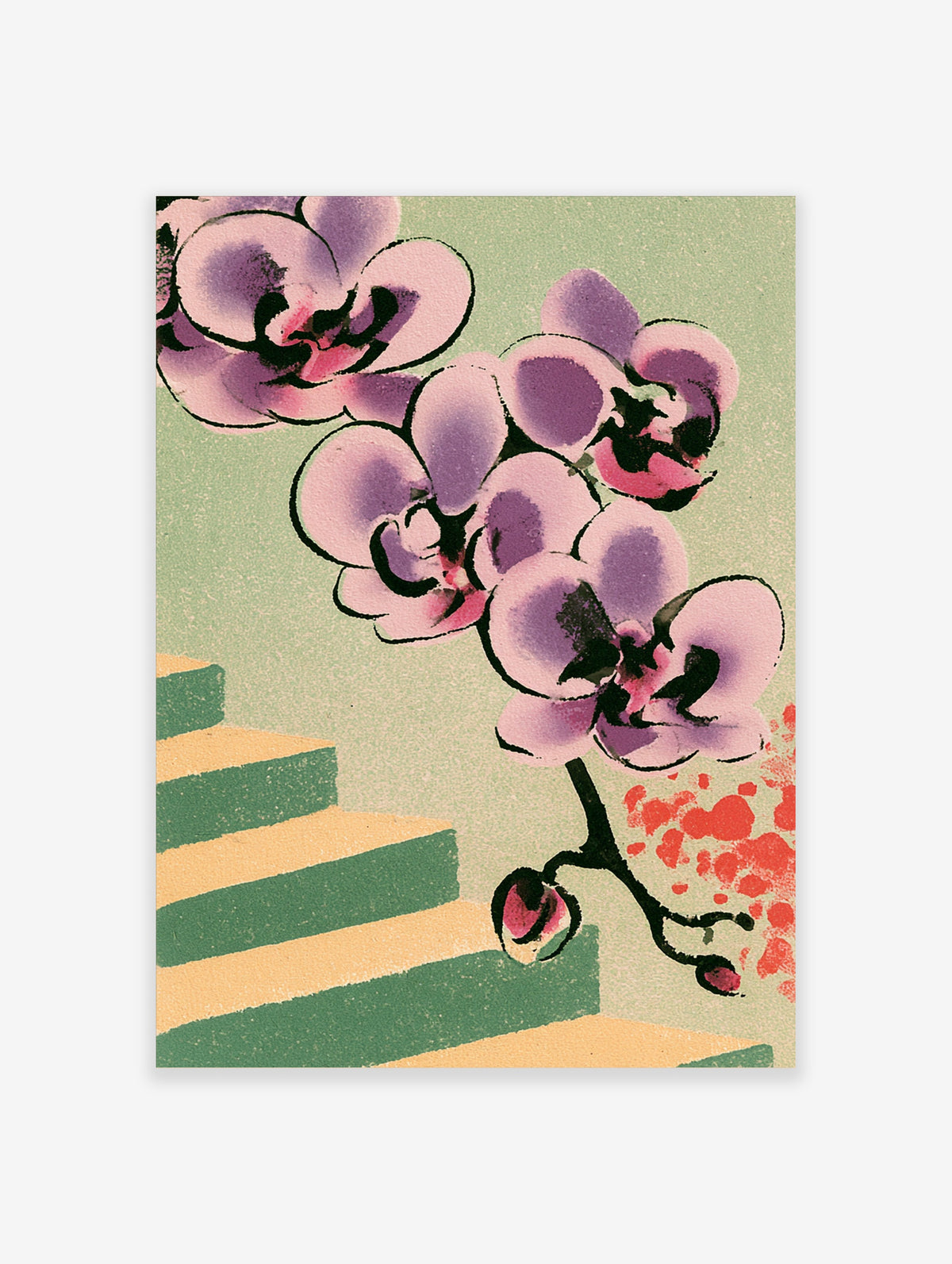 Purple orchid flower art print with black outlines and green steps on pale green background