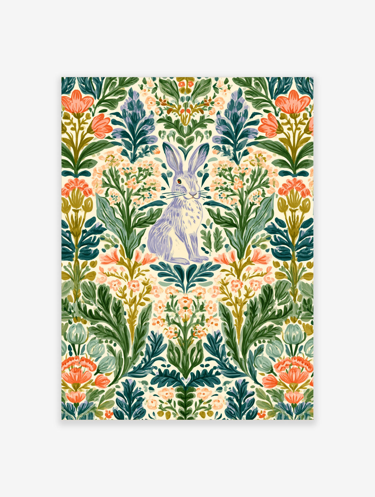 Lavender rabbit sitting among green leaves and coral flowers on a cream background art print