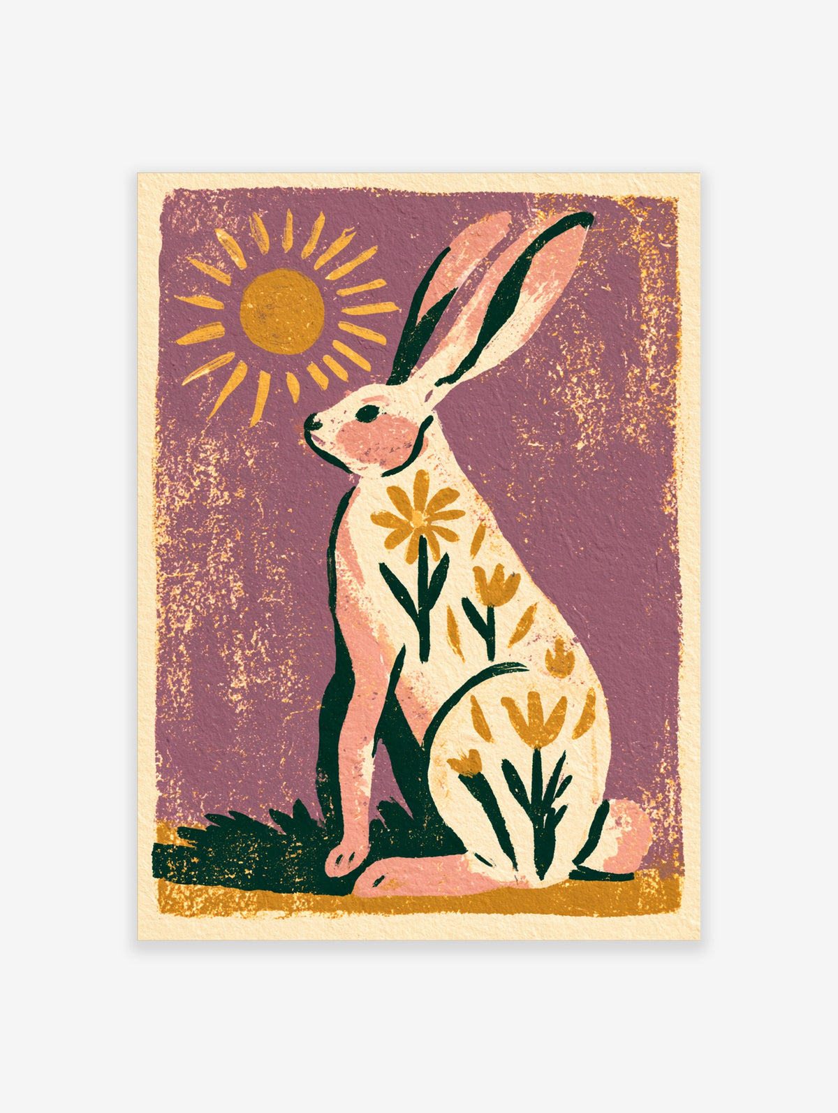 Purple rabbit wall art print with white hare, yellow sun, and floral motifs on purple background