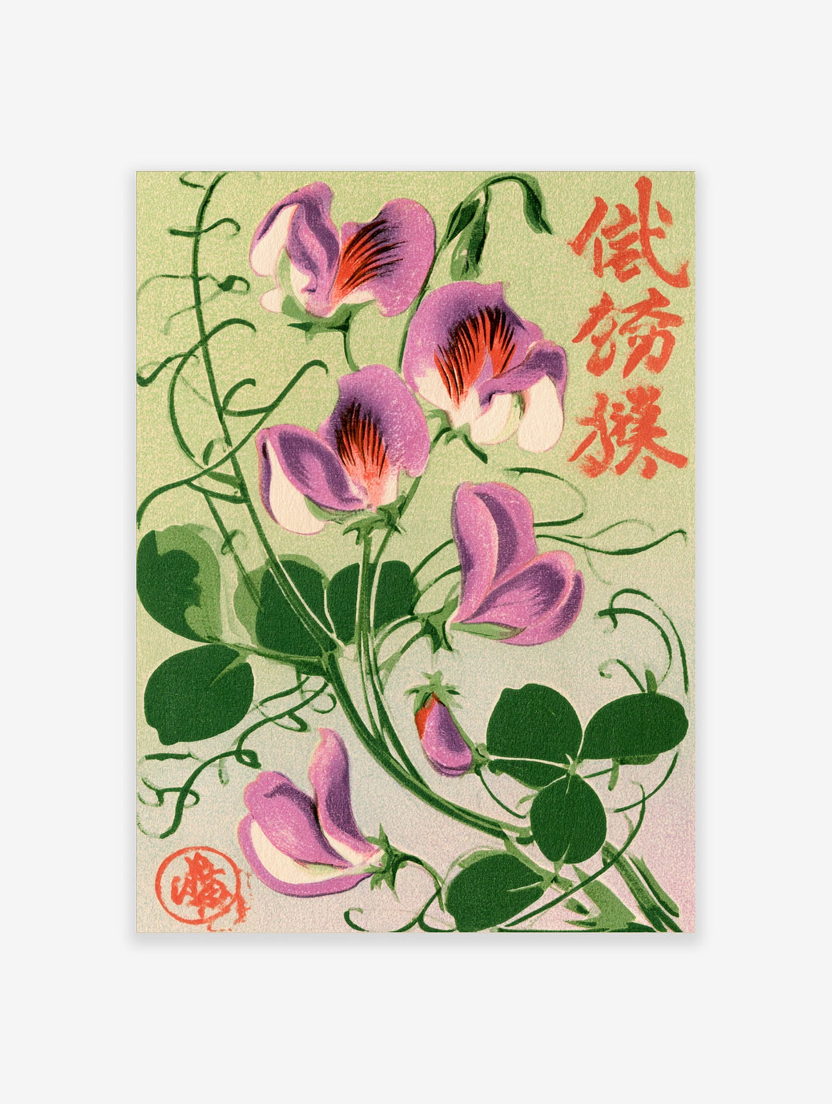 Purple sweet pea flower botanical illustration with green vines and red Japanese kanji text