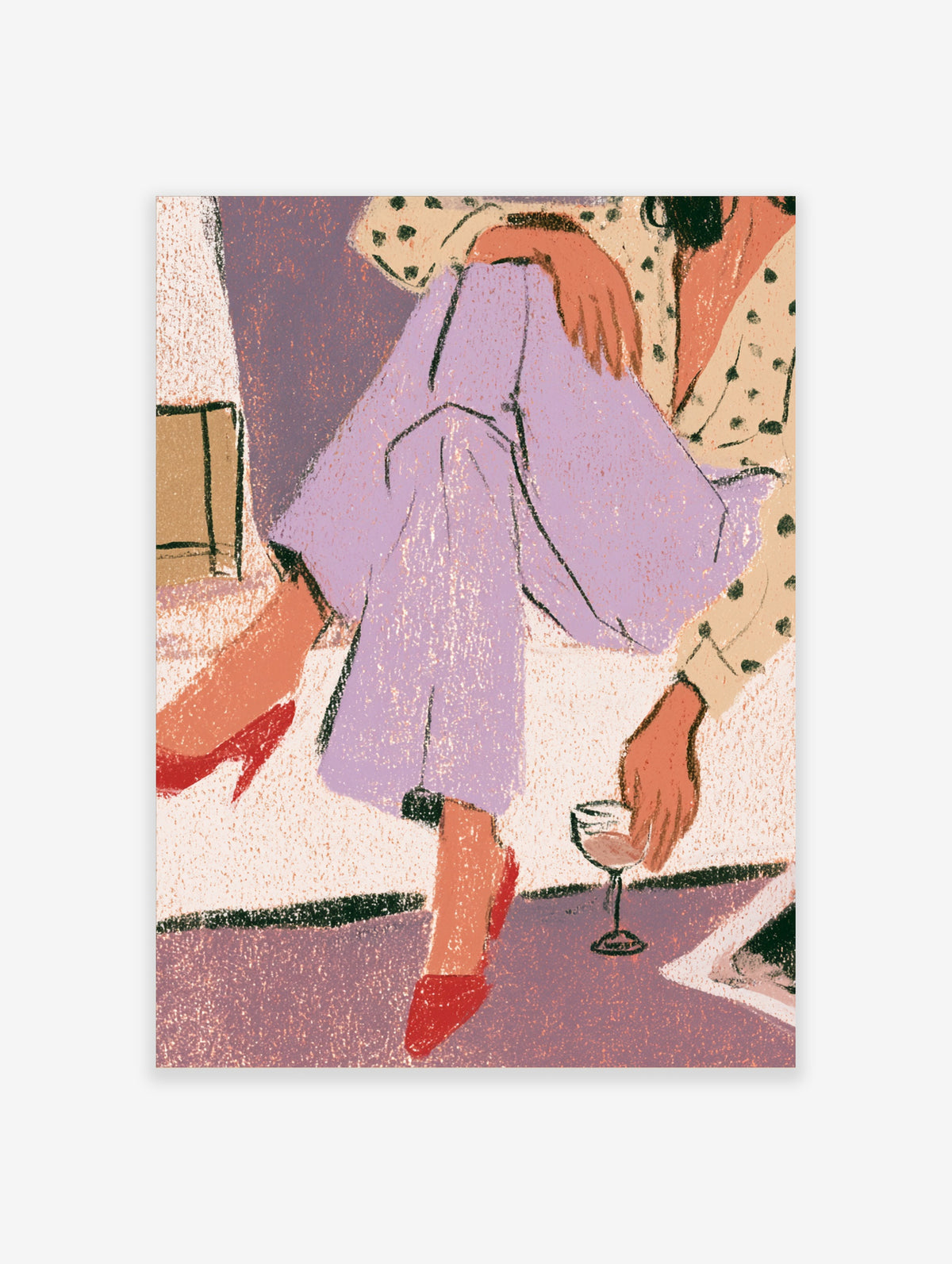Fashion illustration print of a seated figure in lilac trousers and red heels holding a wine glass
