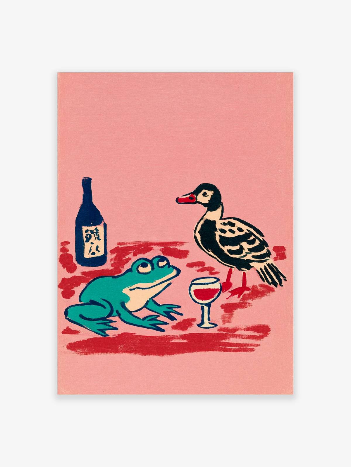 Illustrative print of a teal frog and black duck with a wine glass and bottle on a pink background