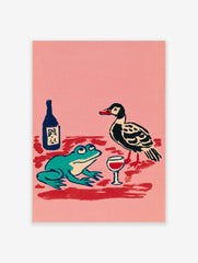 Illustrative print of a teal frog and black duck with a wine glass and bottle on a pink background