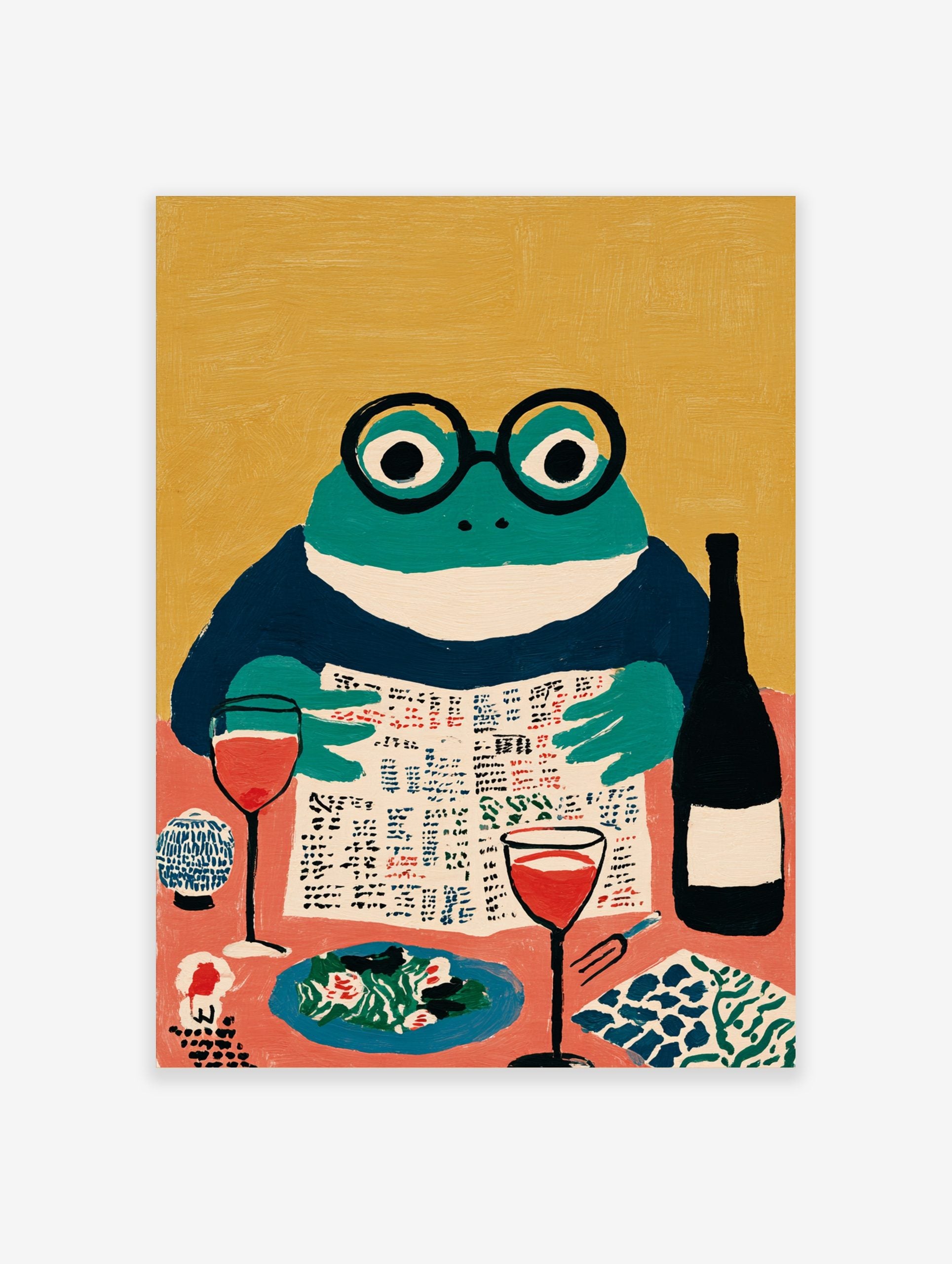 Illustrative art print of a frog in glasses reading a newspaper at a dining table with wine and food