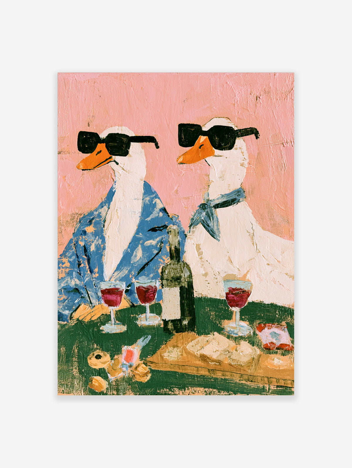 Quirky geese wall art print of two white geese in sunglasses with wine bottle and glasses on green table