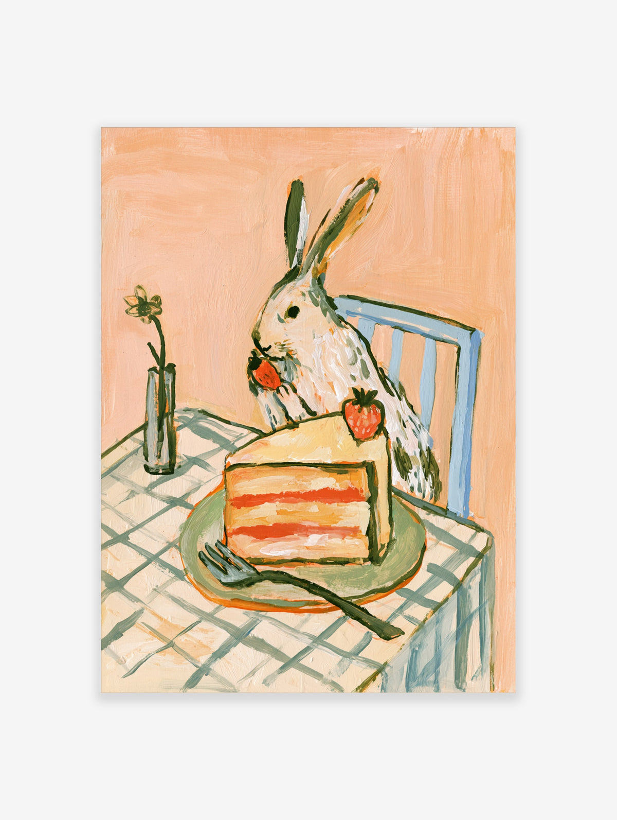 Rabbit holding strawberry behind layered cake on plate with fork, vase and check tablecloth
