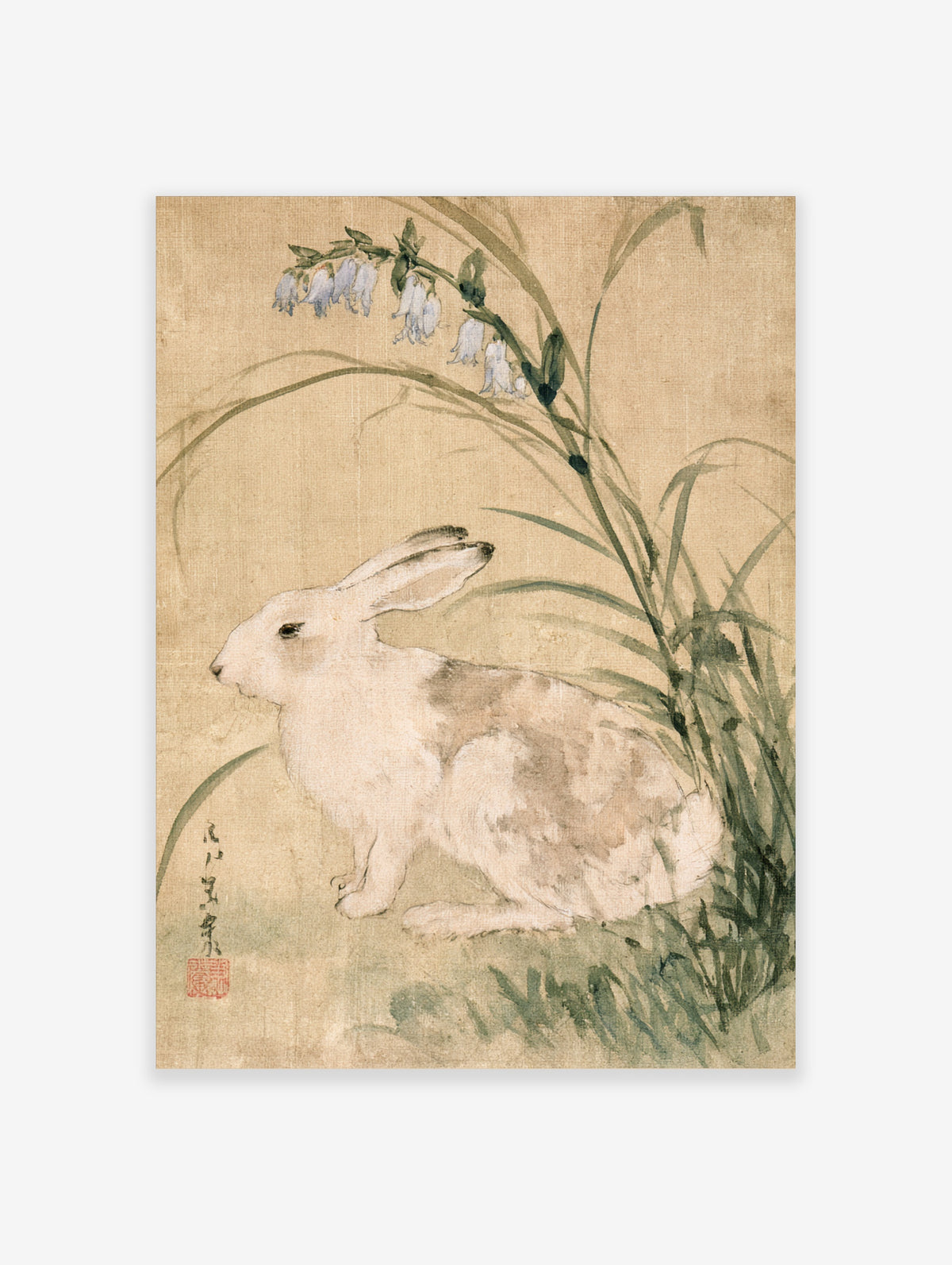 White rabbit seated under bluebell flowers and green grass on beige ground, Japanese-style animal art print