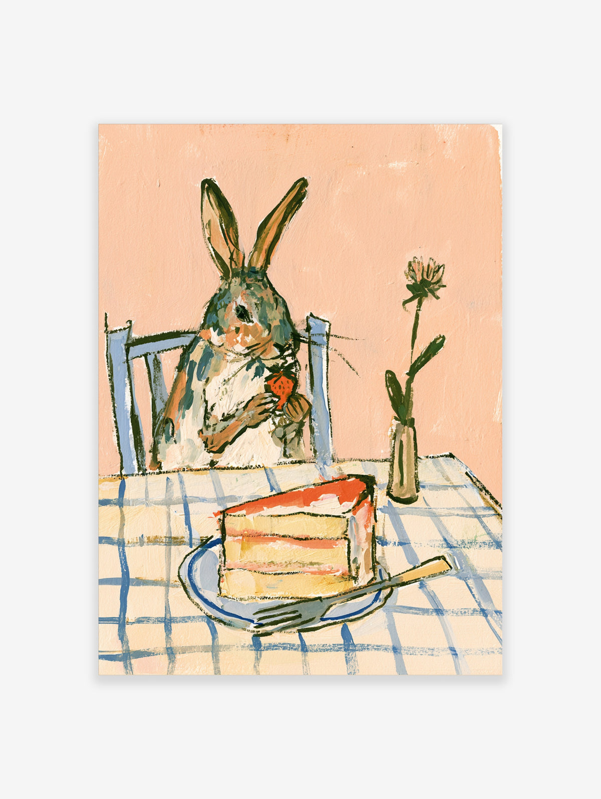 Whimsical rabbit holding strawberry beside layered cake on blue checked tablecloth, flower vase, peach background