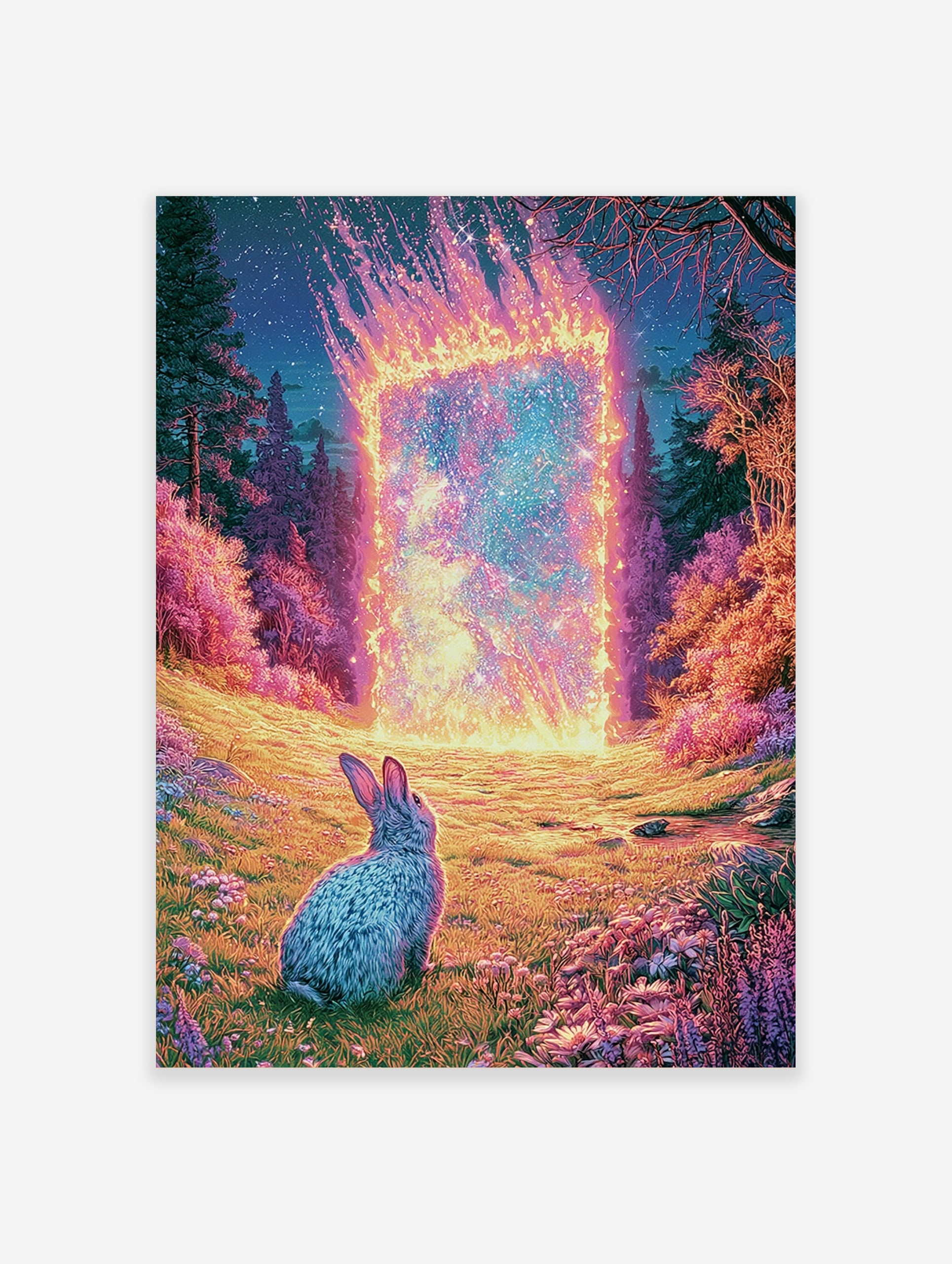 Surreal illustration of a rabbit looking at a glowing fiery portal in a purple and pink floral field
