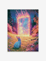 Surreal illustration of a rabbit looking at a glowing fiery portal in a purple and pink floral field