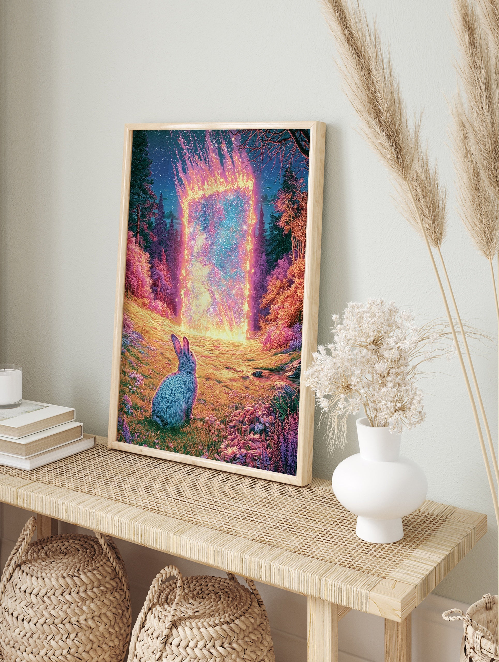 Surreal illustration of a rabbit looking at a glowing fiery portal in a purple and pink, in an alternate framed mockup