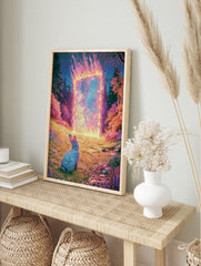 Surreal illustration of a rabbit looking at a glowing fiery portal in a purple and pink, in an alternate framed mockup