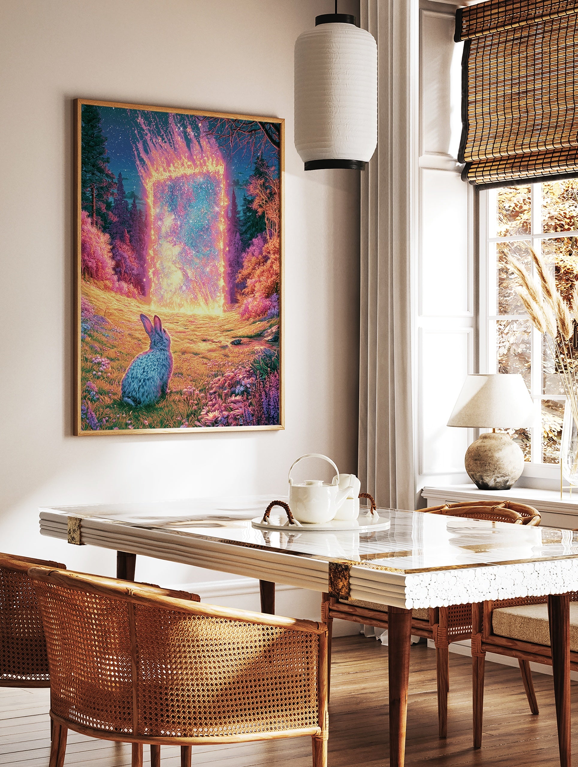 Surreal illustration of a rabbit looking at a glowing fiery portal in a purple and pink floral field, in a styled room mockup