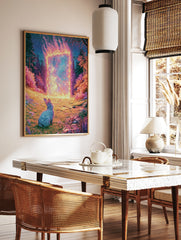 Surreal illustration of a rabbit looking at a glowing fiery portal in a purple and pink floral field, in a styled room mockup