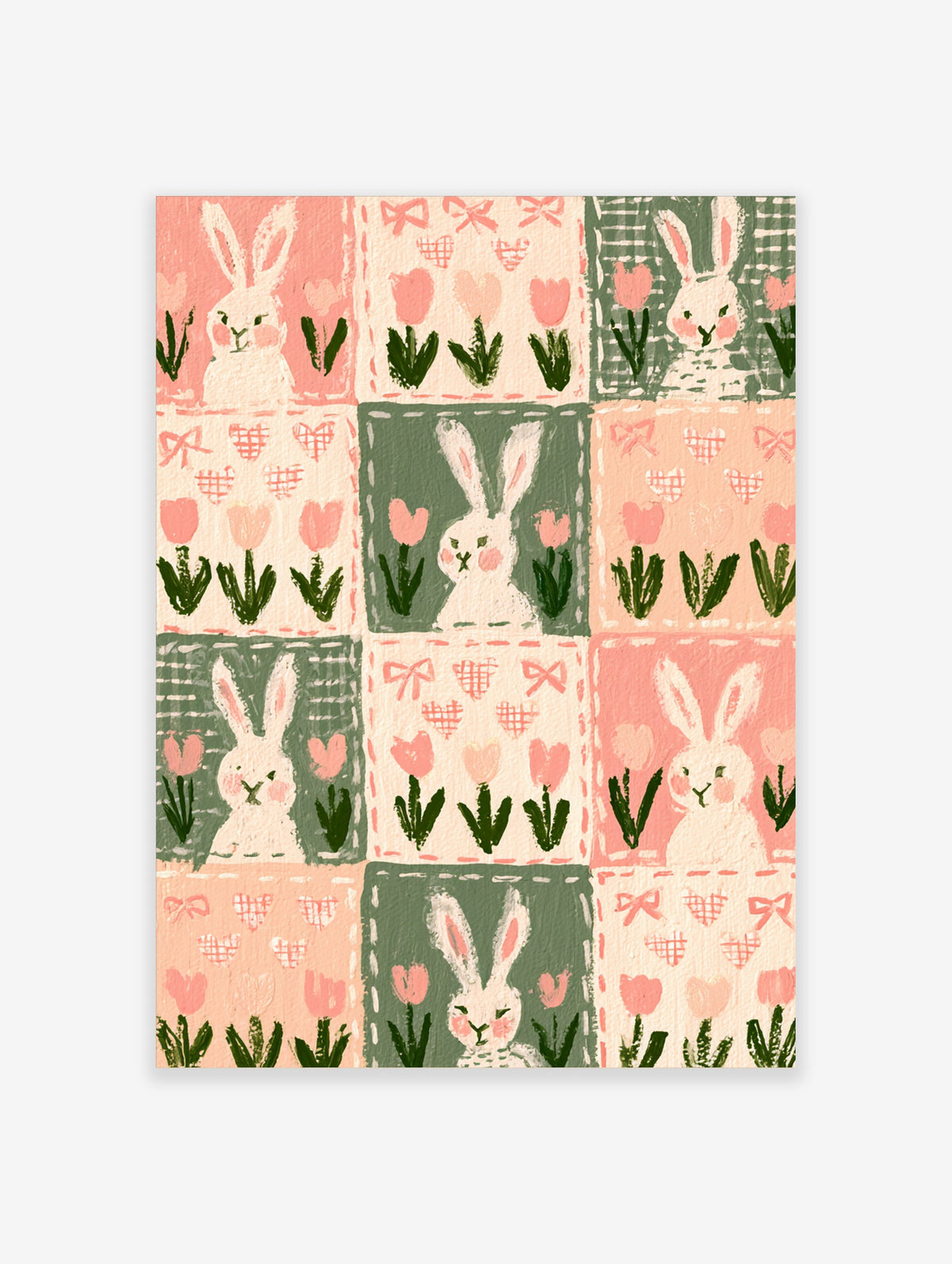 Pastel rabbit and tulip pattern art print with pink hearts and green foliage in a grid layout