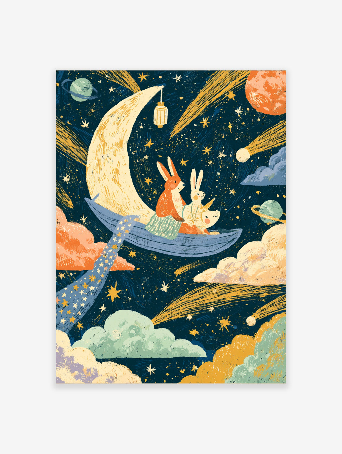 Rabbit and unicorn in a blue boat on a crescent moon with stars and planets, navy background