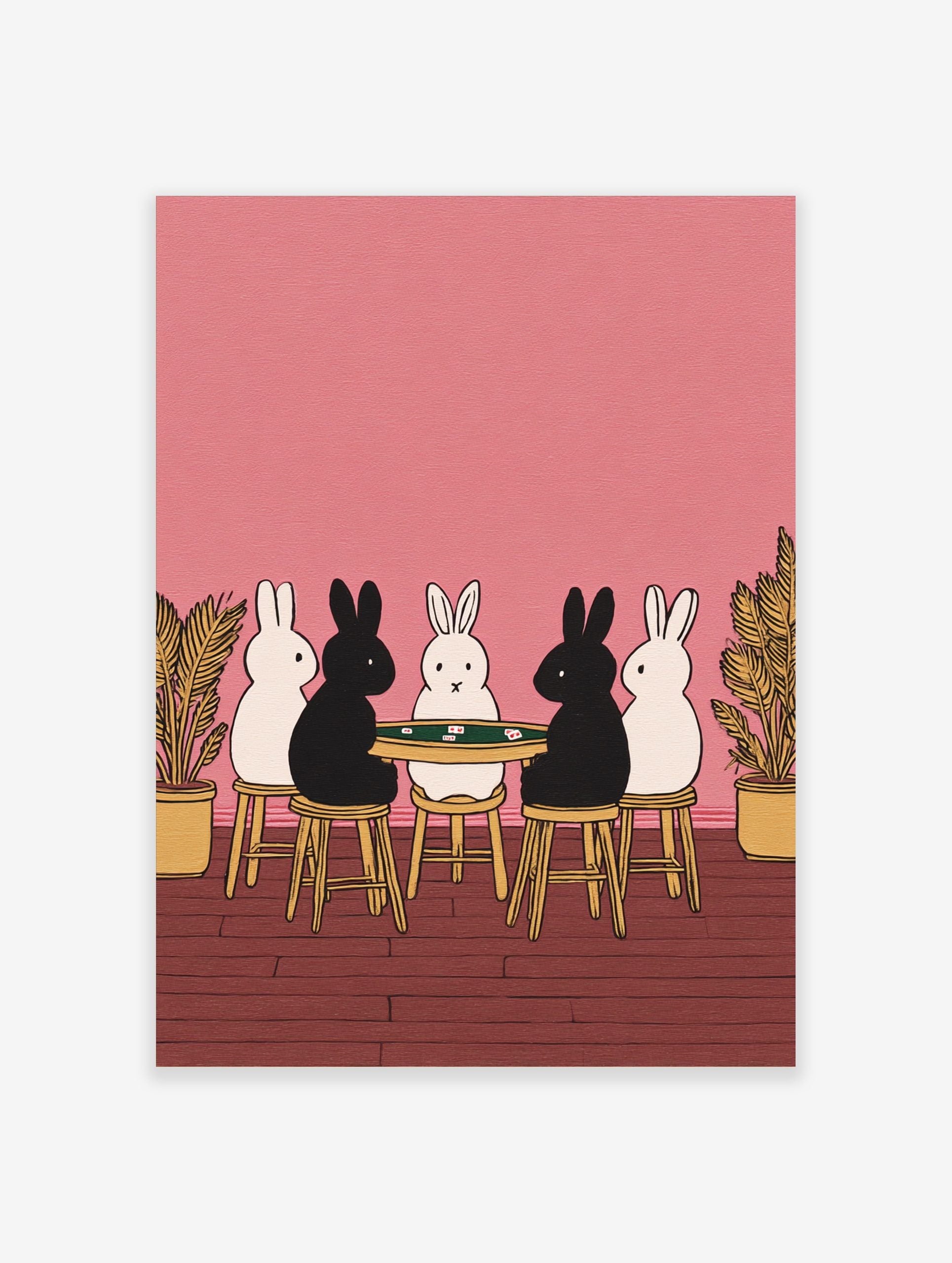 Illustrative print of five black and white rabbits playing cards at a green table on a pink background