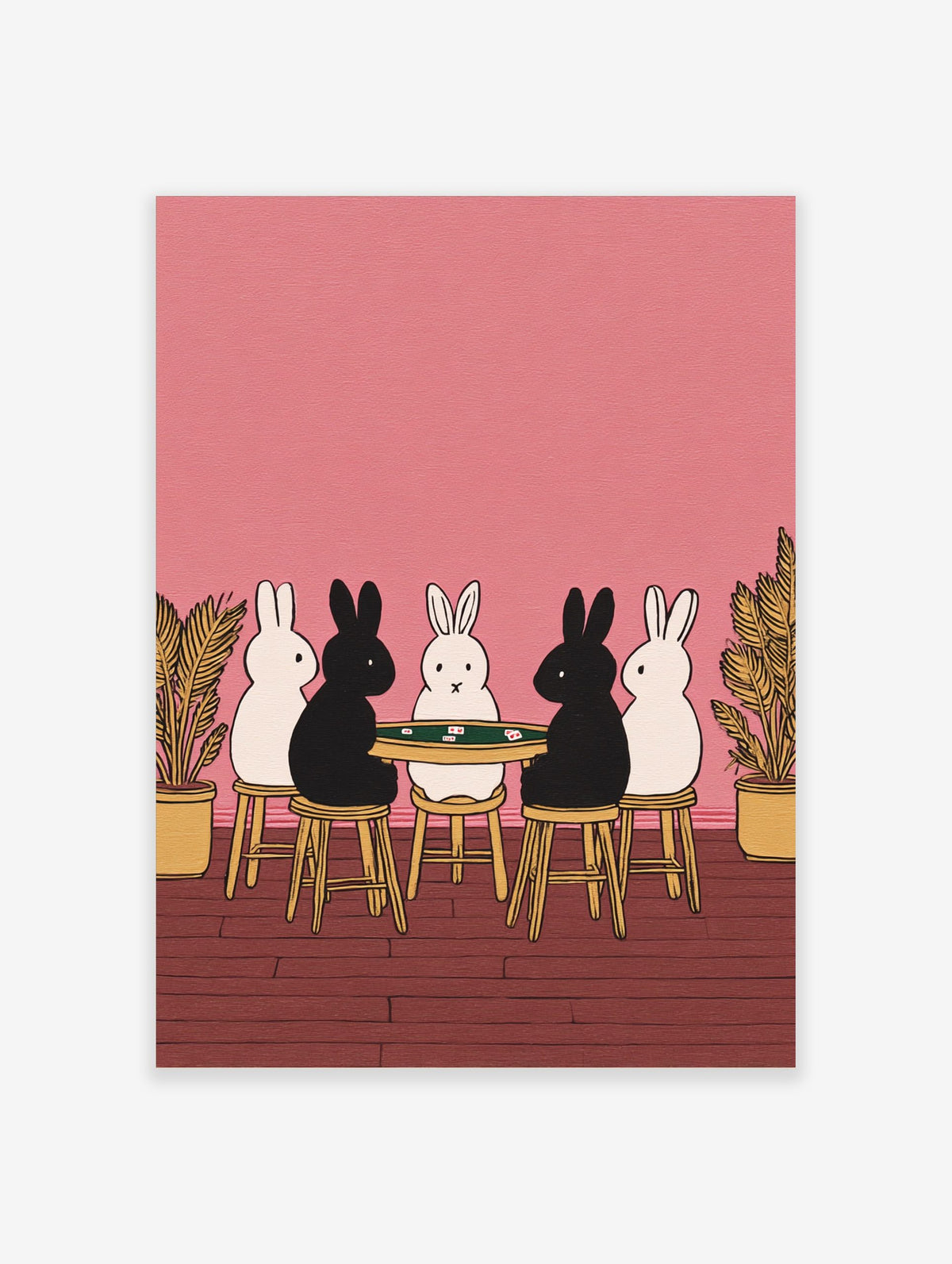 Illustrative print of five black and white rabbits playing cards at a green table on a pink background