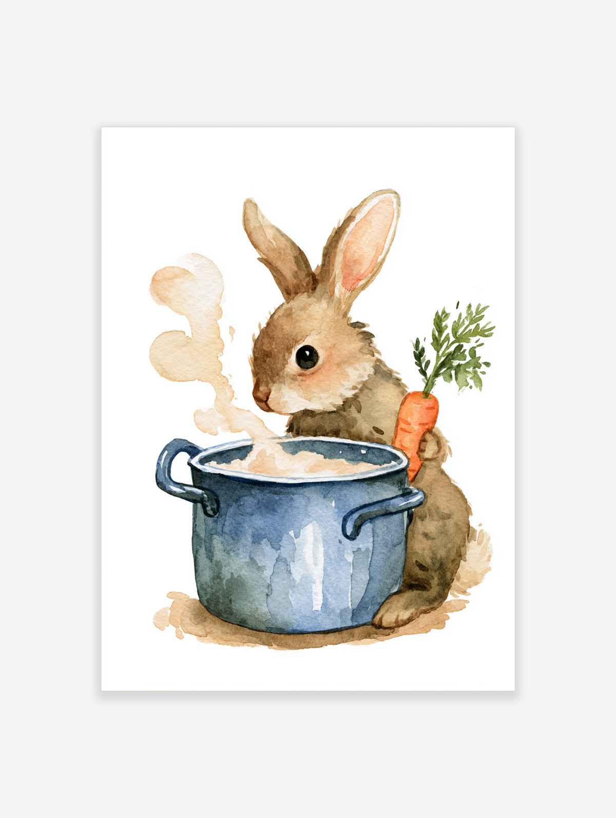Watercolor illustration of a fluffy brown rabbit holding a carrot next to a steaming blue cooking pot on white background