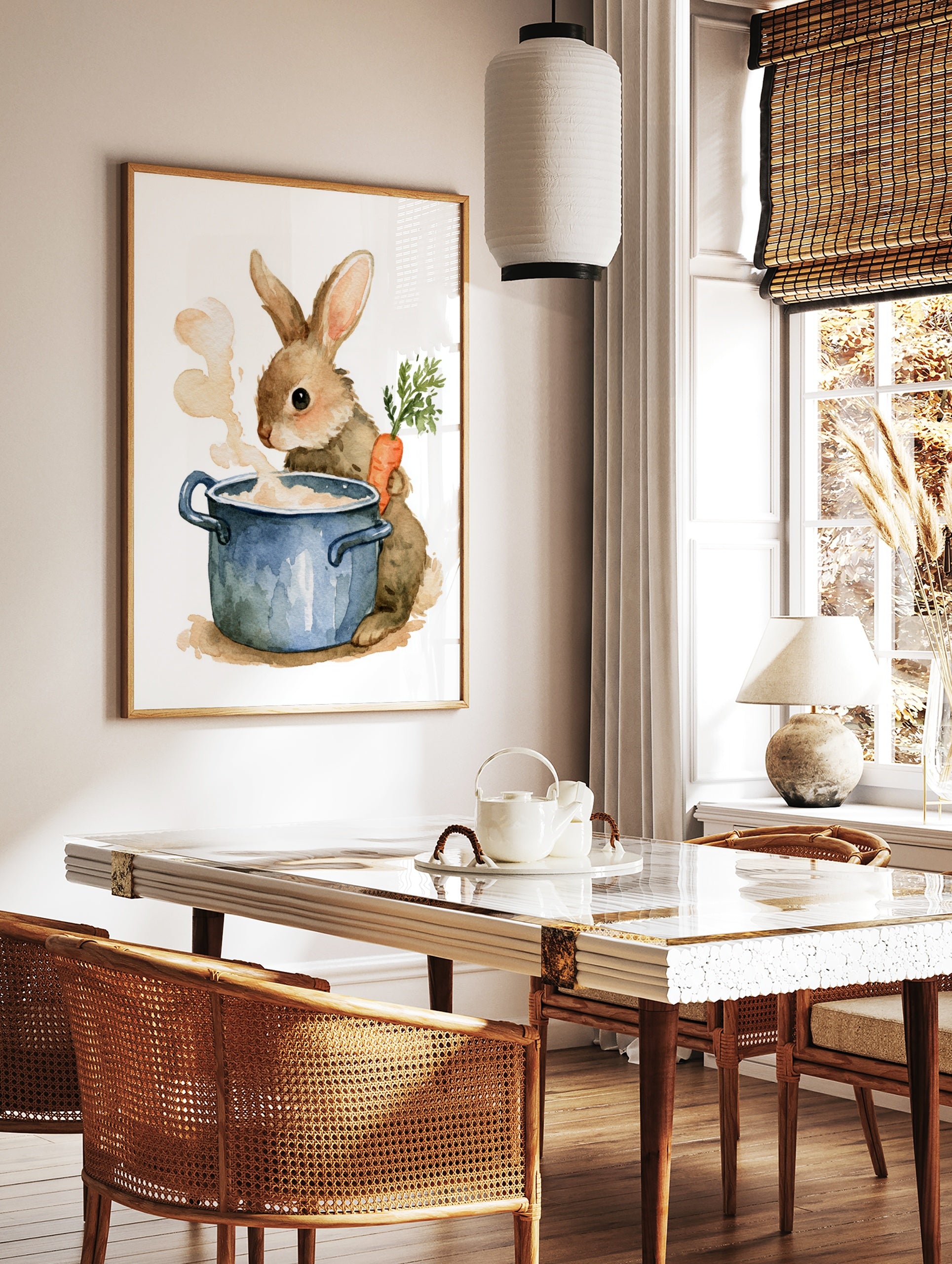 Watercolor illustration of a fluffy brown rabbit holding a carrot next to a steaming blue cooking, in a styled room mockup