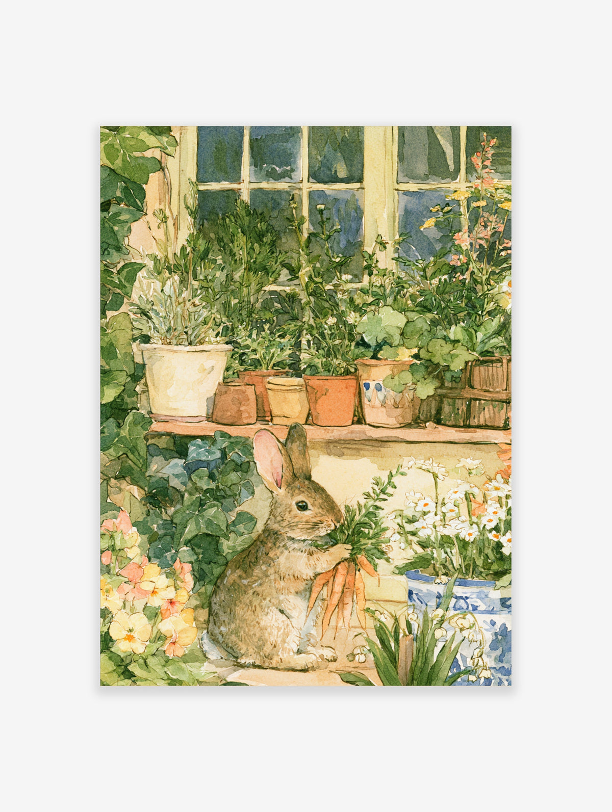 Watercolour rabbit eating carrots on a windowsill with potted plants and flowers
