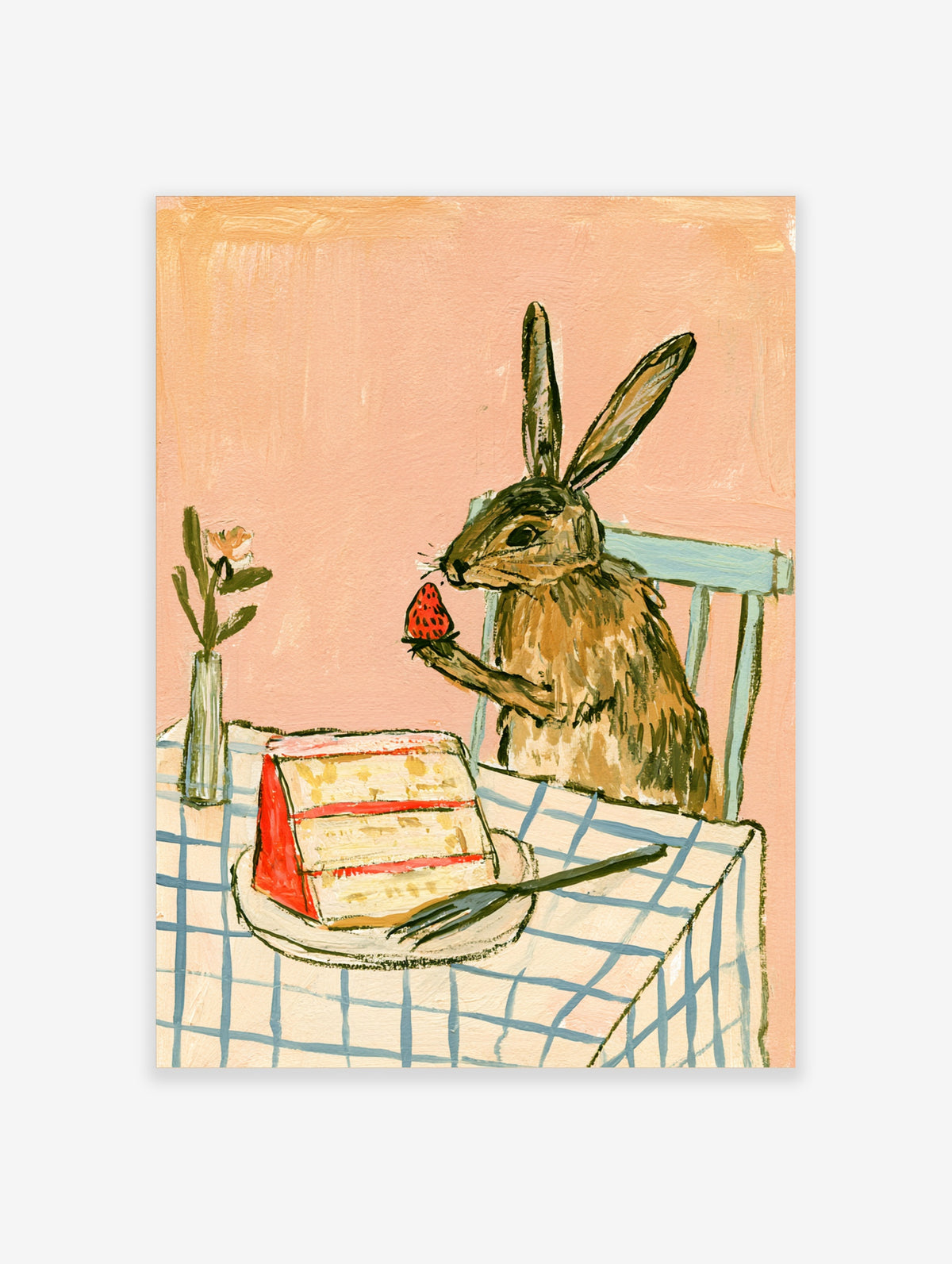 Whimsical rabbit poster of a brown hare holding a strawberry beside layered cake on a blue check tablecloth
