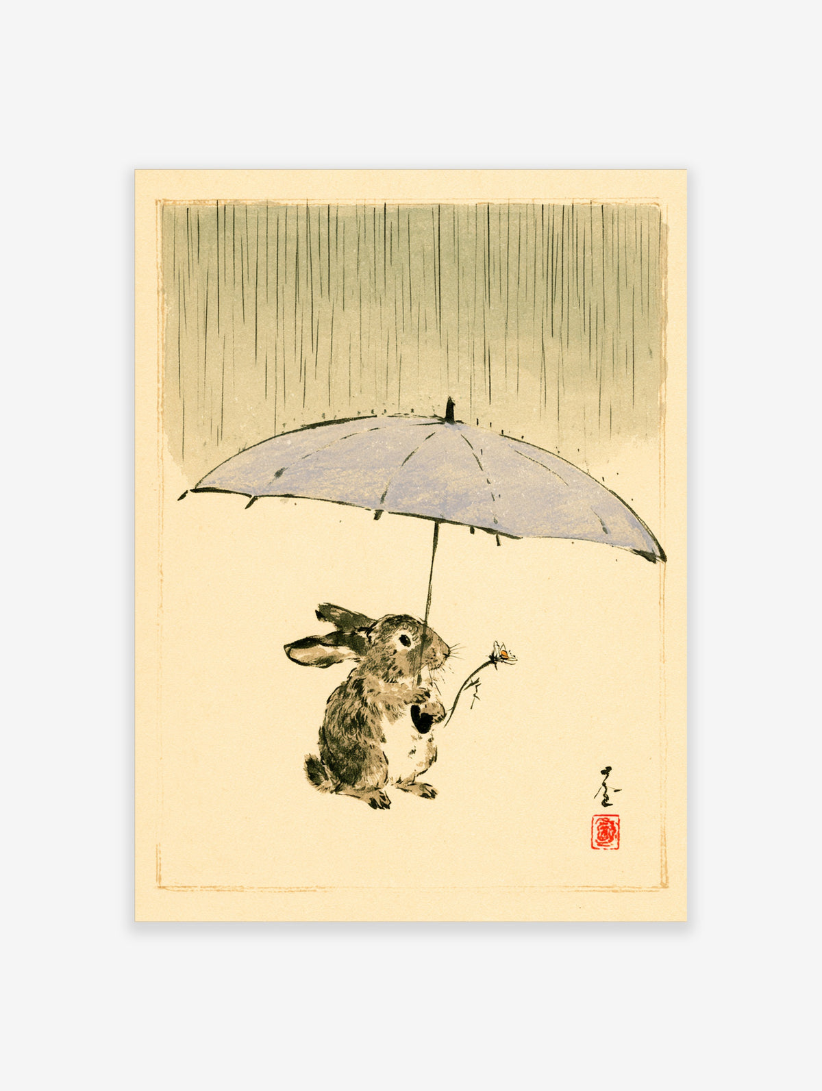 Japanese-style rabbit holding blue umbrella in rain, beige background, green rain lines, small flower