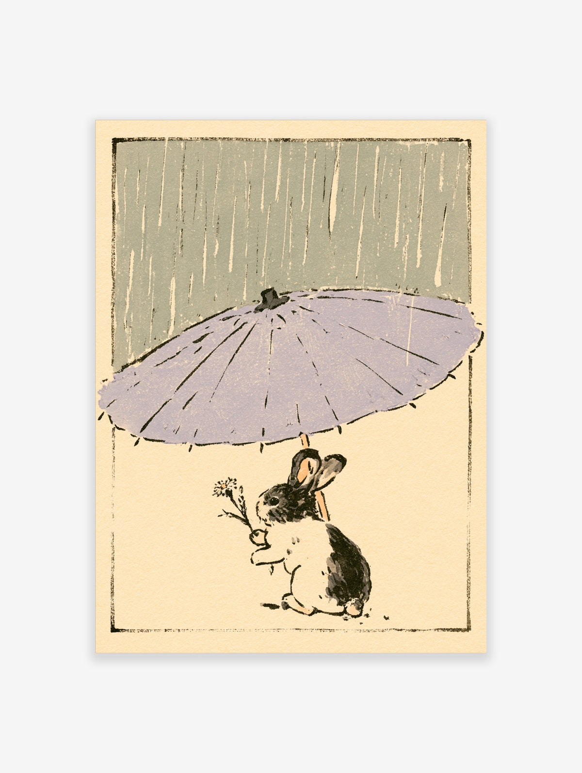 Black and white rabbit holding a flower under a purple umbrella in falling rain