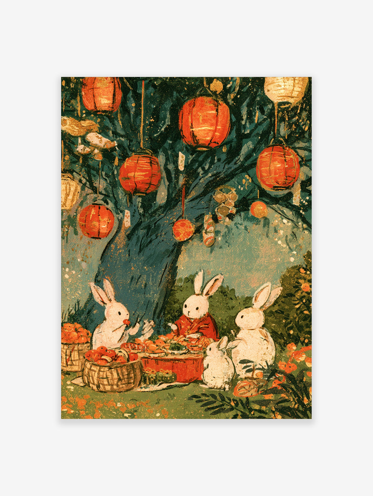 Japanese festival poster of white rabbits under a tree with red lanterns and fruit baskets