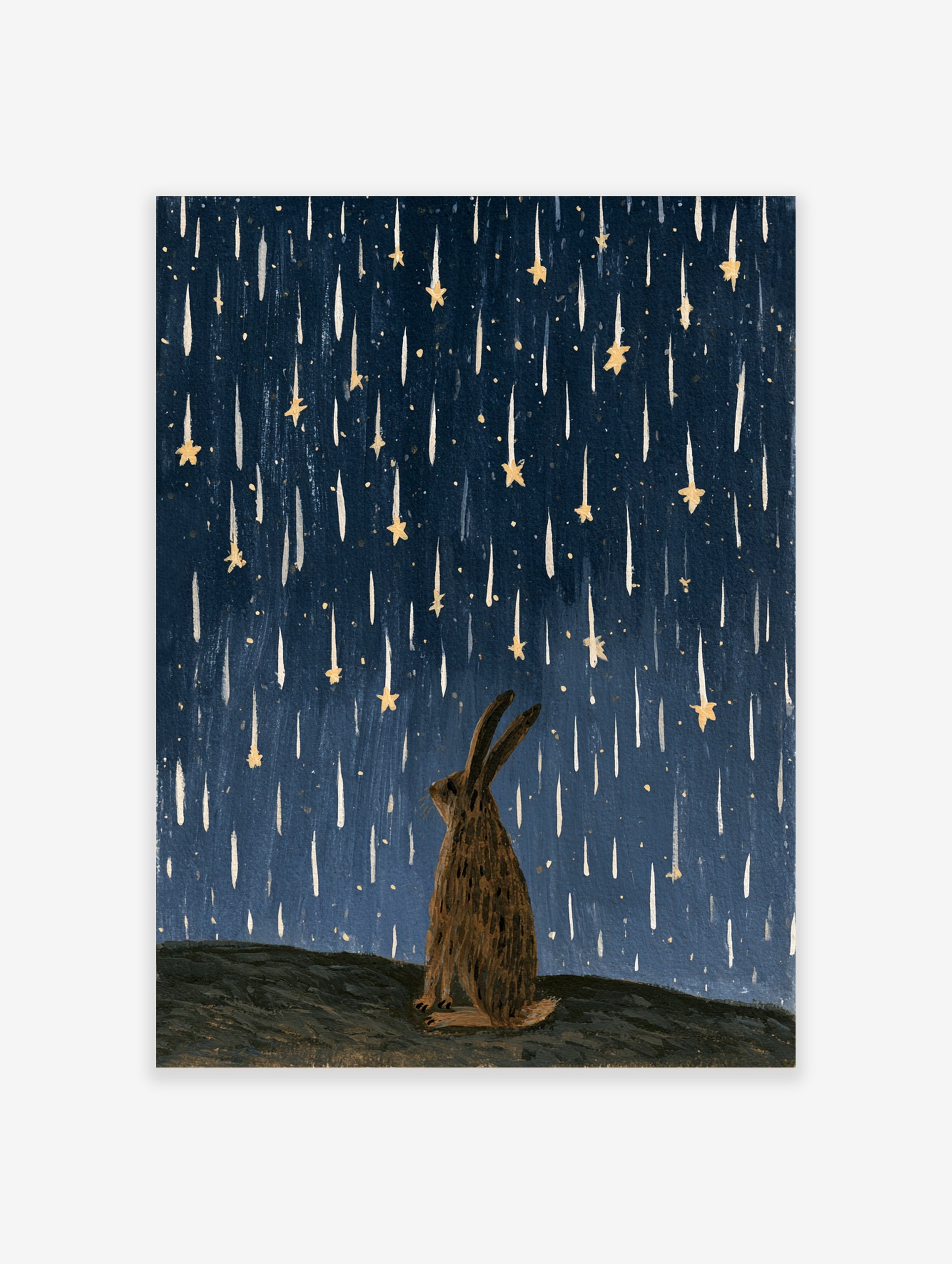 Illustrative rabbit silhouette gazing up at falling golden stars against a textured deep blue night sky art print